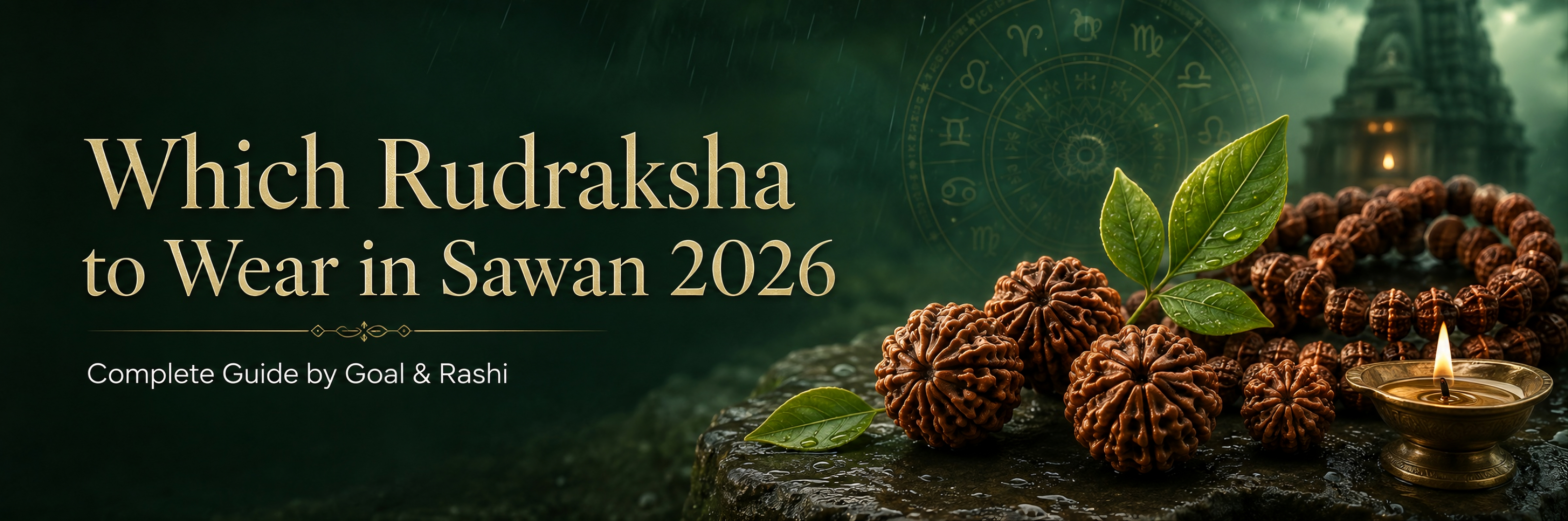 Which Rudraksha to wear in Sawan 2026 - guide by goal and rashi with Rudraksha beads on temple stone