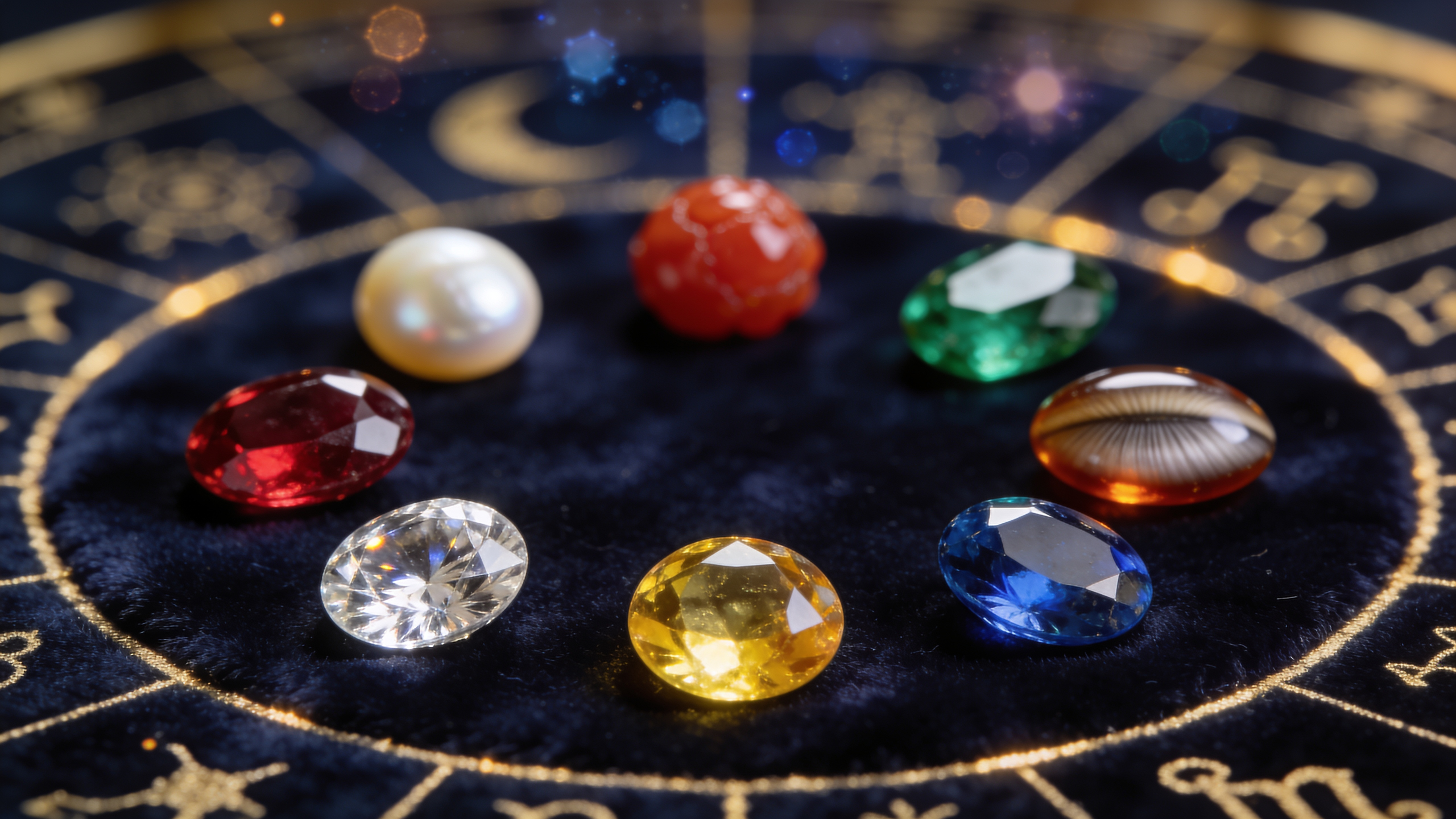 The nine Navratna gemstones for all 12 zodiac signs on navy velvet — GemsMantra