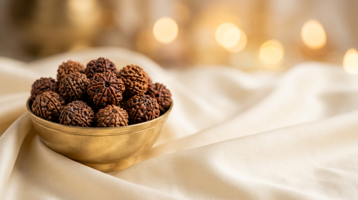 Rare collector rudraksha beads in brass bowl on cream silk - GemsMantra rare and collector mukhi collection banner