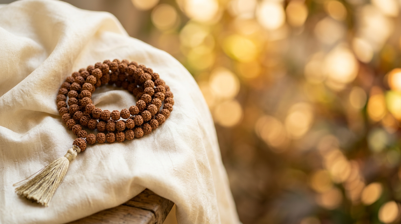 Indonesian rudraksha mala with compact beads coiled on cream silk - GemsMantra Indonesian rudraksha collection banner