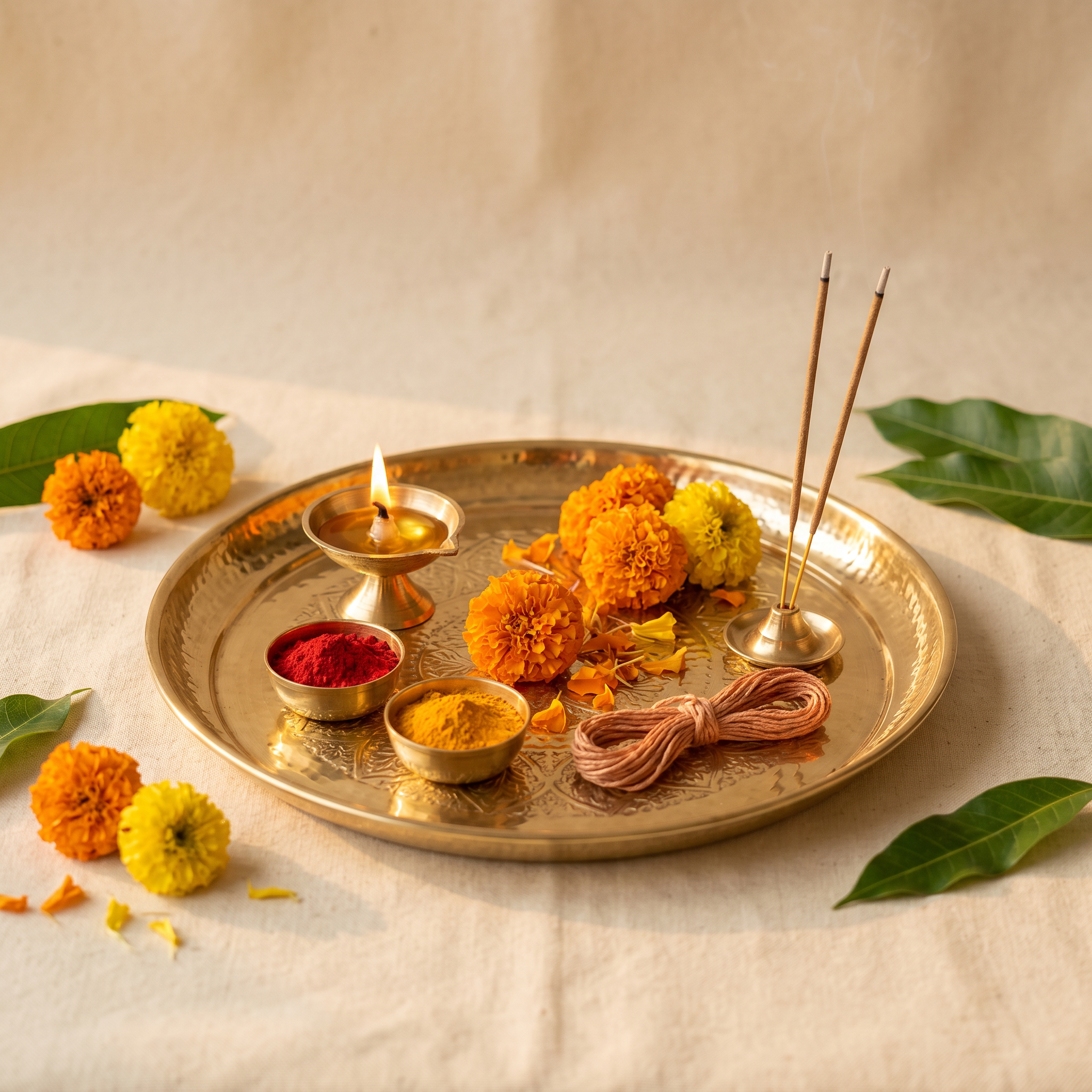 Brass pooja thali with lit diya kumkum and marigold flowers – Pooja Kits collection