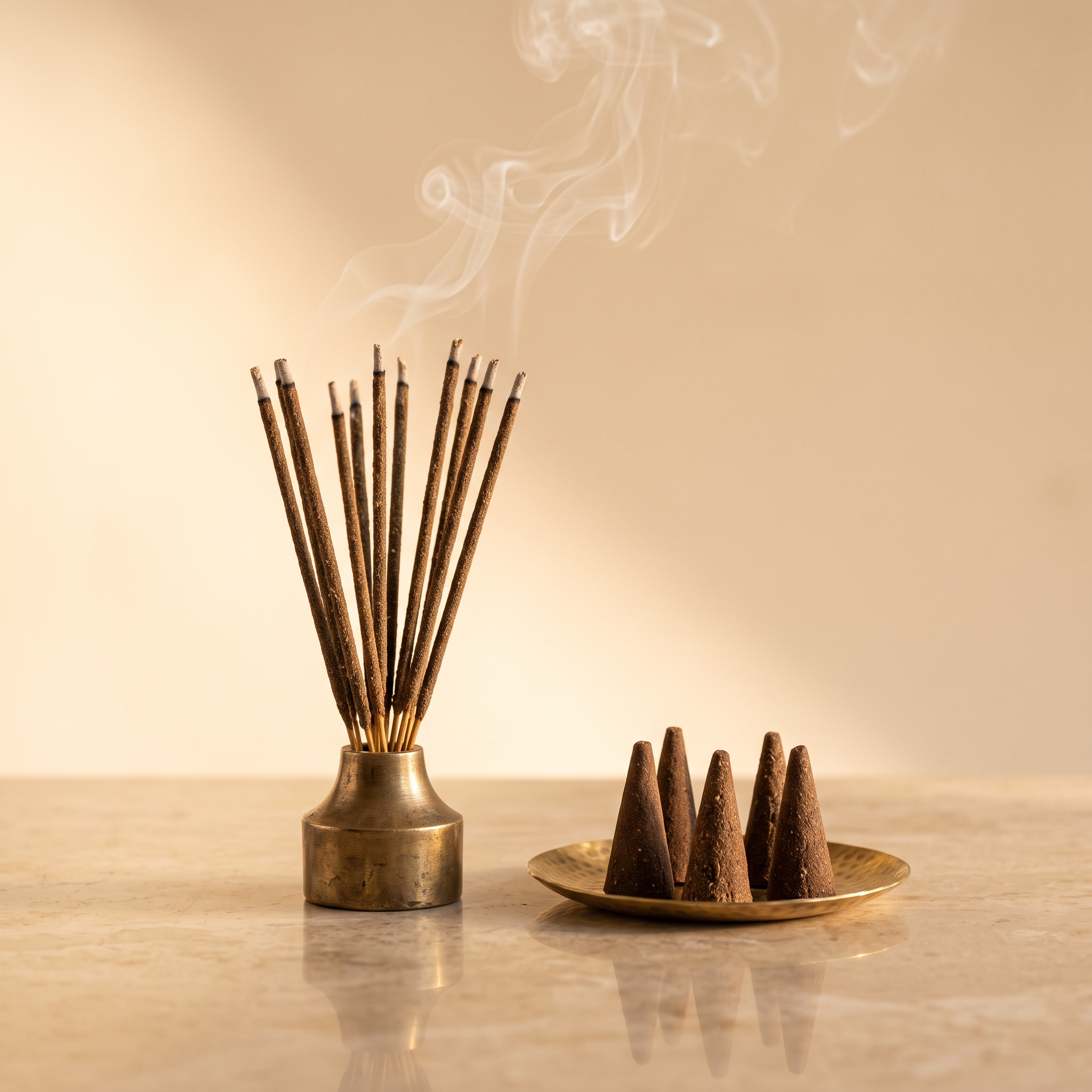 Natural incense sticks in brass holder with dhoop cones – Ritual Scents collection