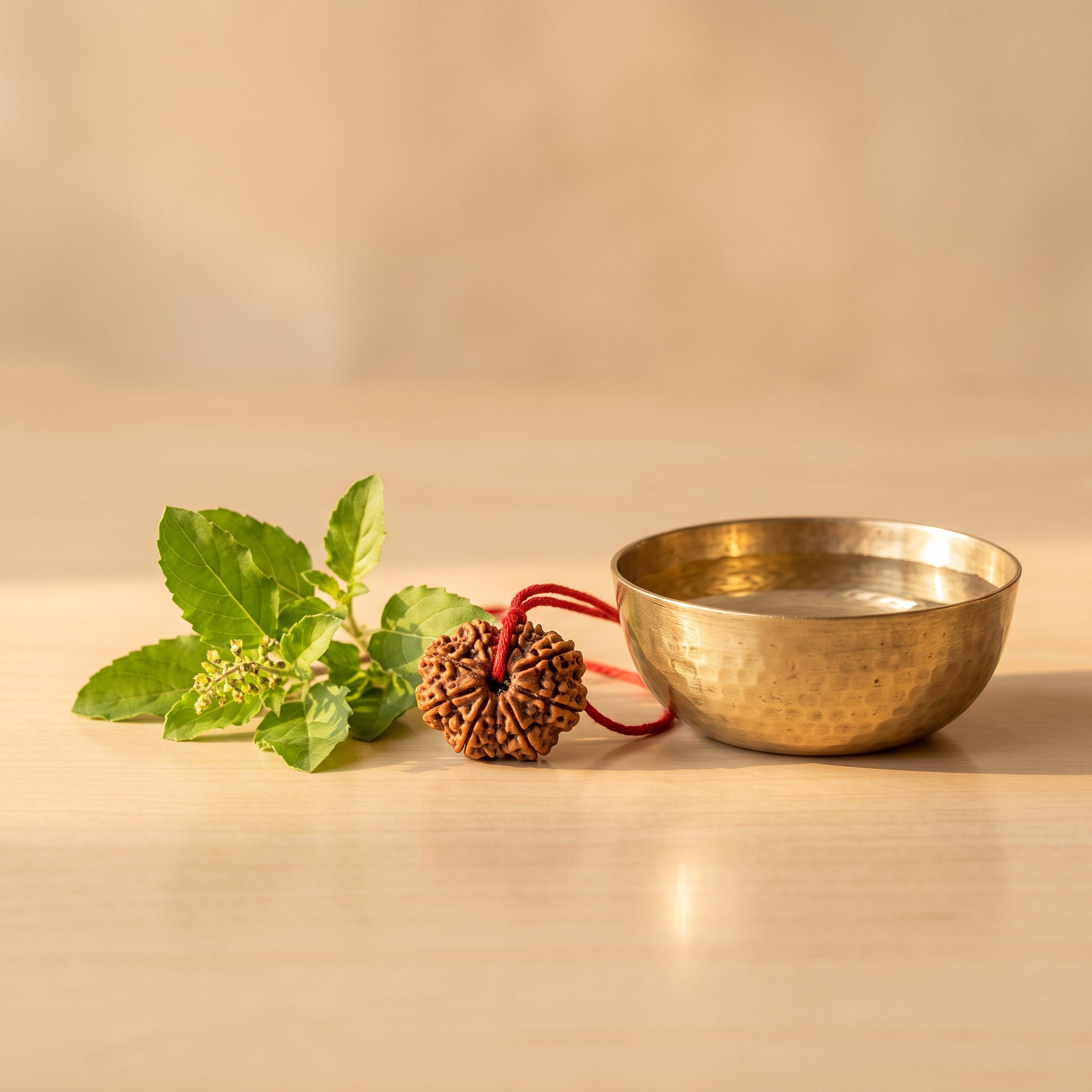 Rudraksha bead with tulsi leaves and brass bowl – Rudraksha for Health and Wellbeing