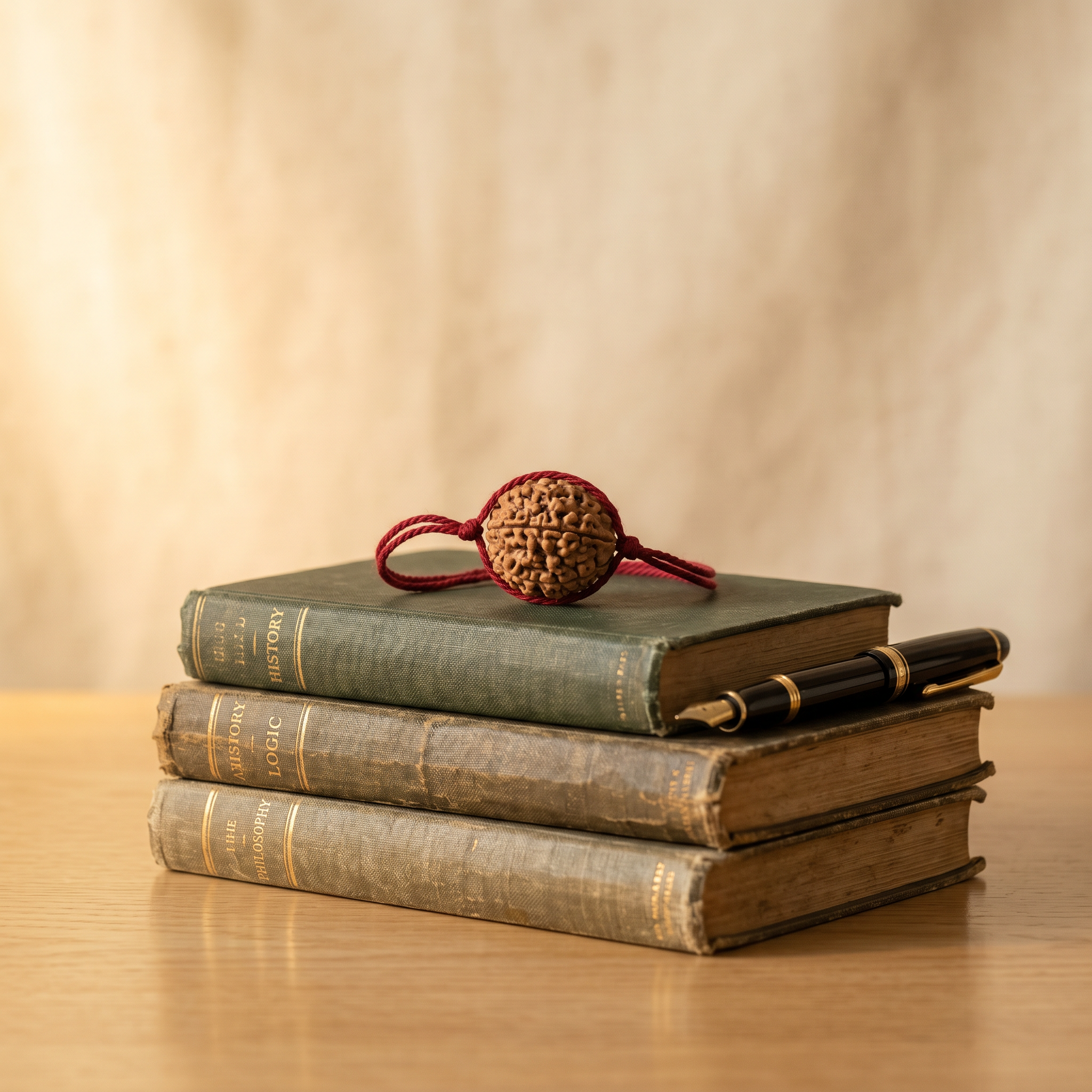 Rudraksha bead on books with fountain pen – Rudraksha for Students and Focus