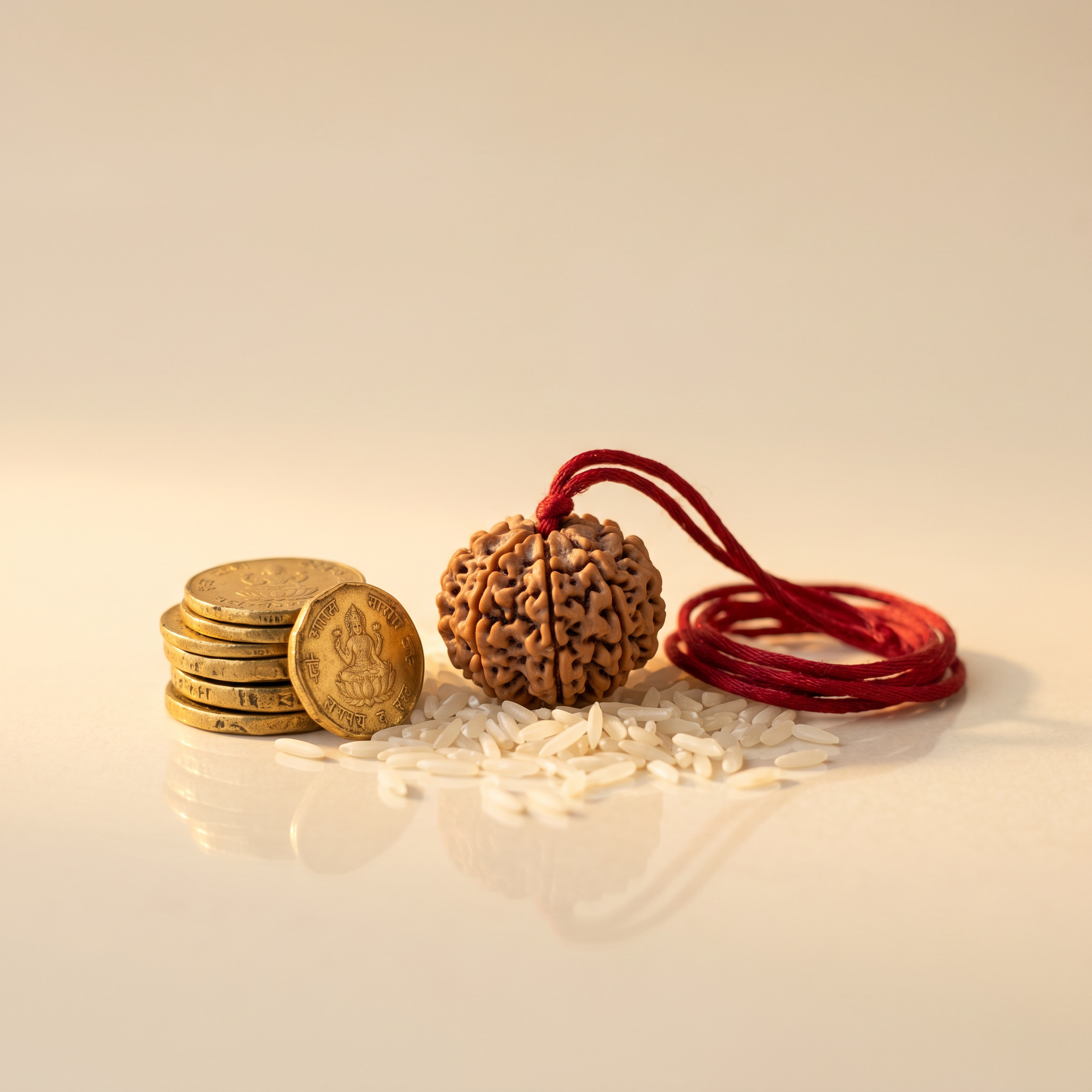 Rudraksha bead with gold coins and rice grains – Rudraksha for Wealth and Prosperity