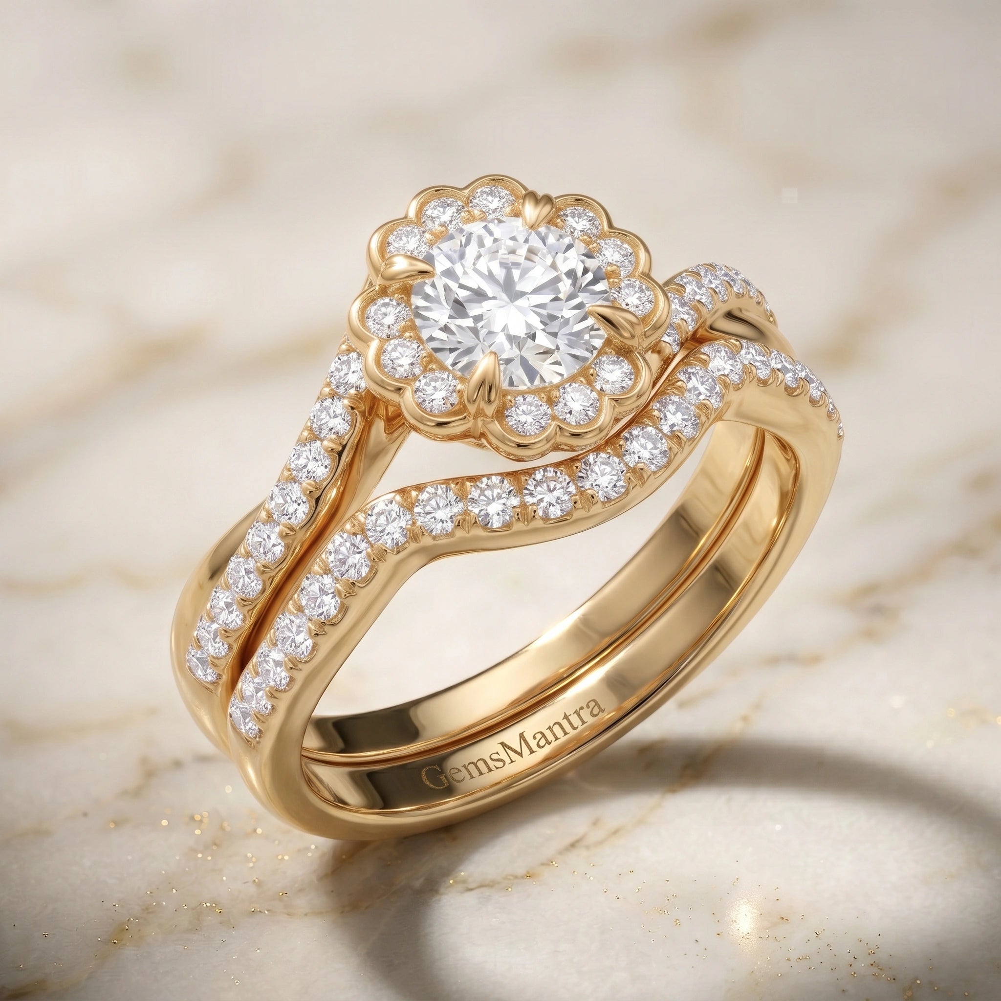 Round Celestial Floral Diamond Scalloped Halo Bridal Ring Set