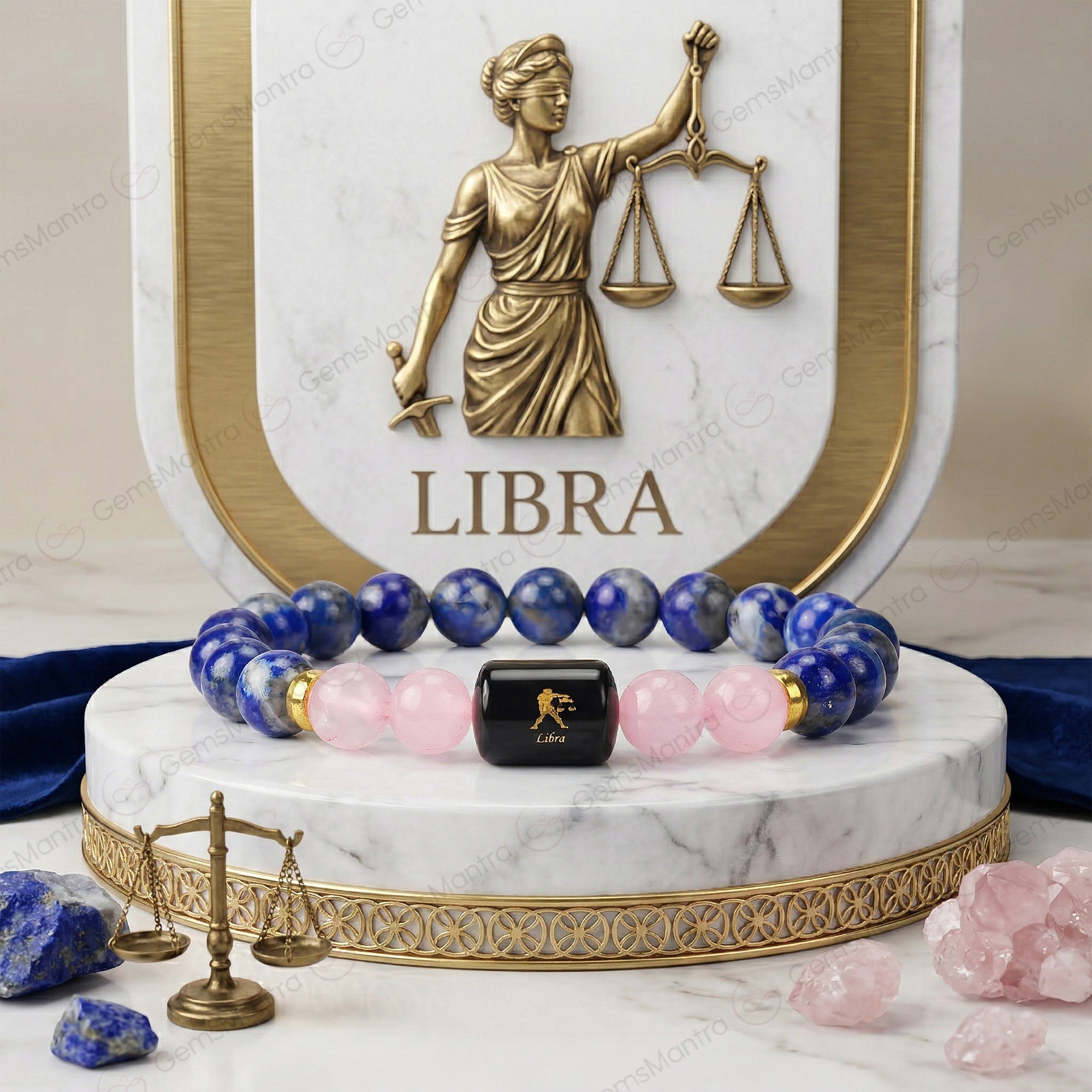 Libra Zodiac Tula Rashi Bracelet with Lapis Lazuli & Rose Quartz