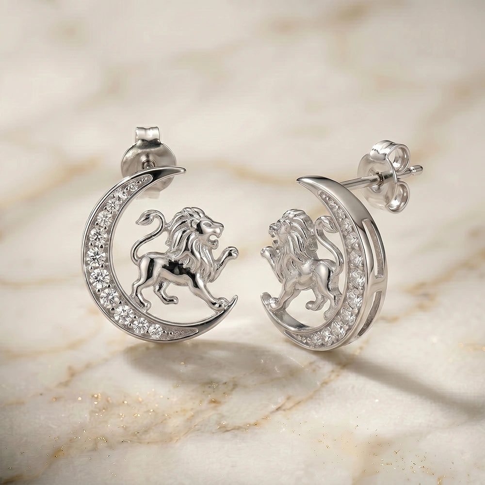 Celestial Crescent Moon and Leo Zodiac Diamond Finish Moissanite Stud Earrings in 925 Silver
