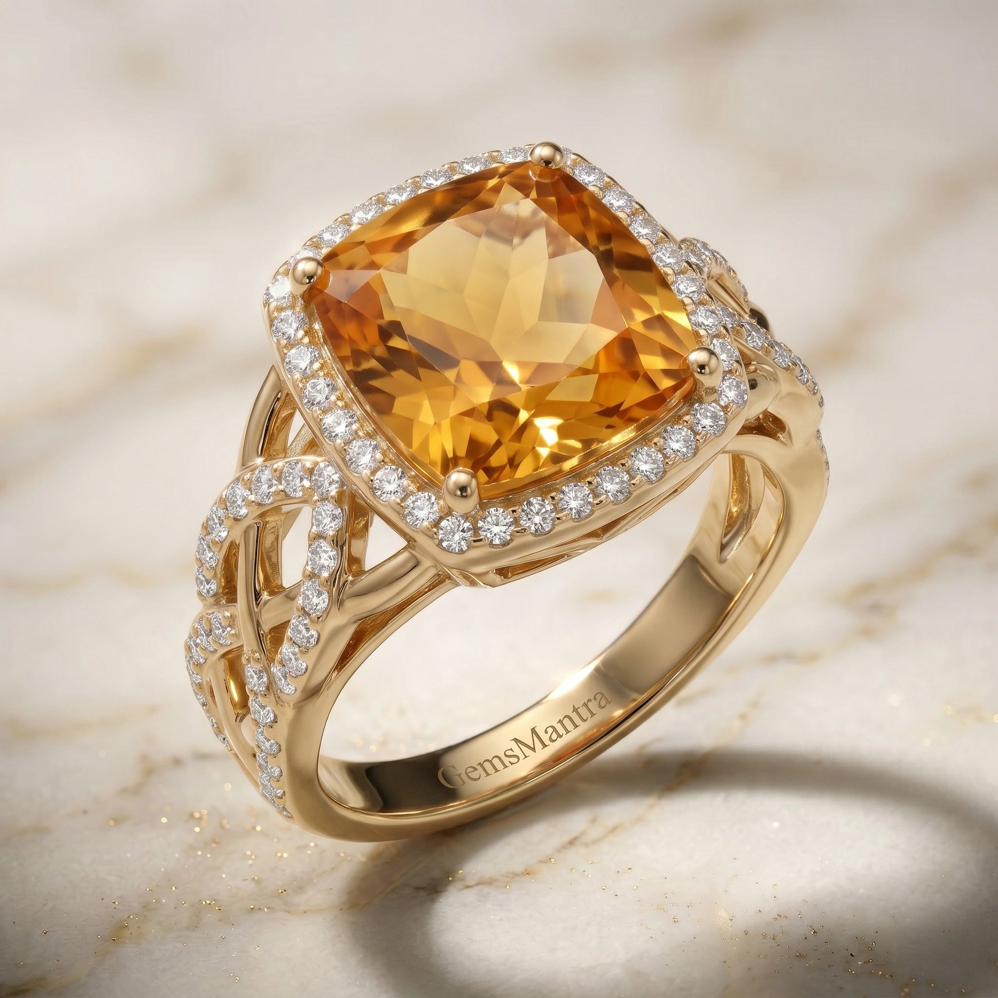 Cushion Honey Citrine Intertwined Celtic Infinity Halo Ring