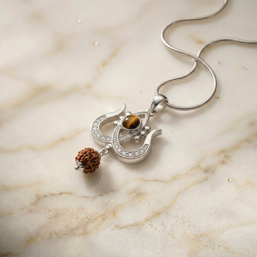 Spiritual Trident and Rudraksha Drop Pendant with Crystal in 925 Silver