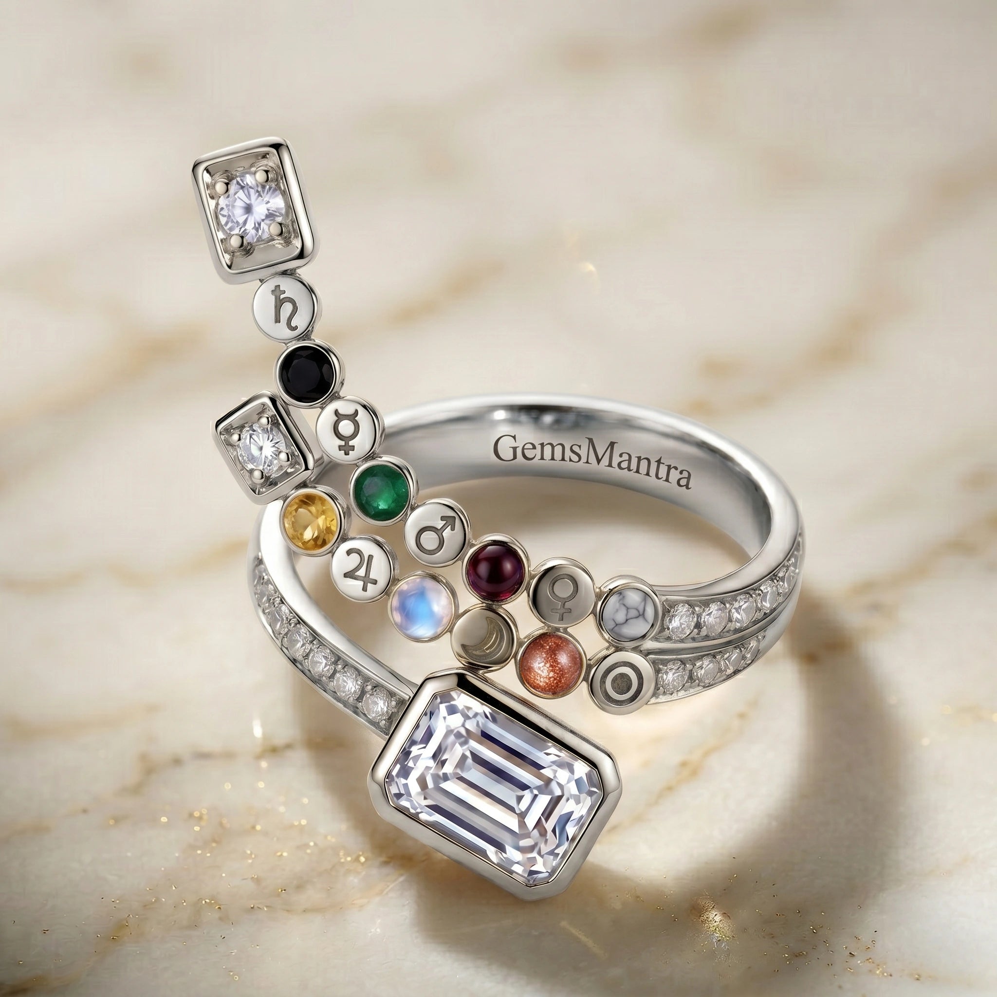 Planet Charm Crystal Silver Ring