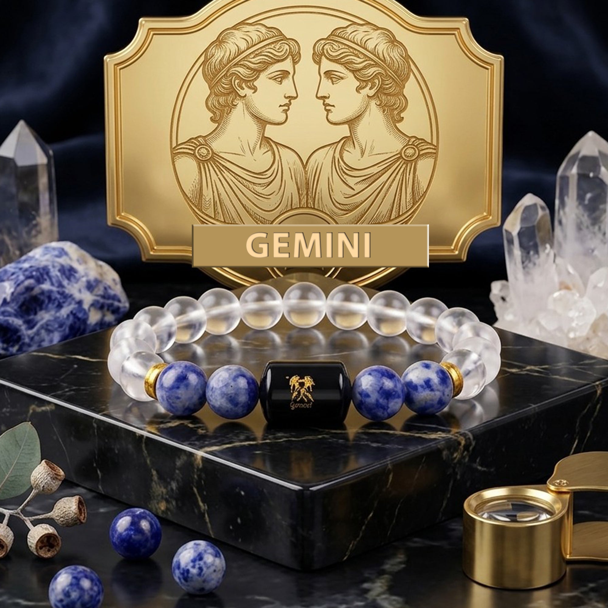 Gemini (मिथुन राशि) Bracelet – Clear Quartz & Sodalite