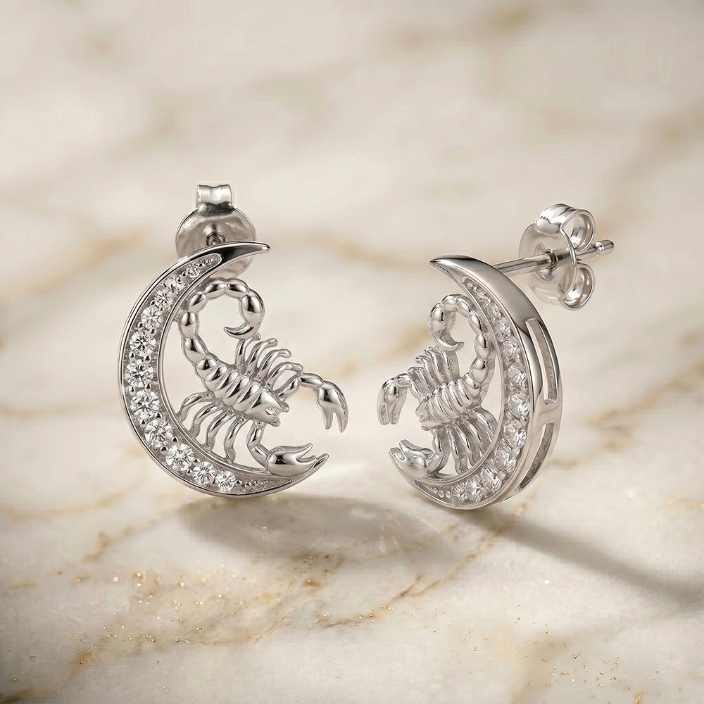 Celestial Crescent Moon and Scorpio Zodiac Diamond Finish Moissanite Stud Earrings in 925 Silver