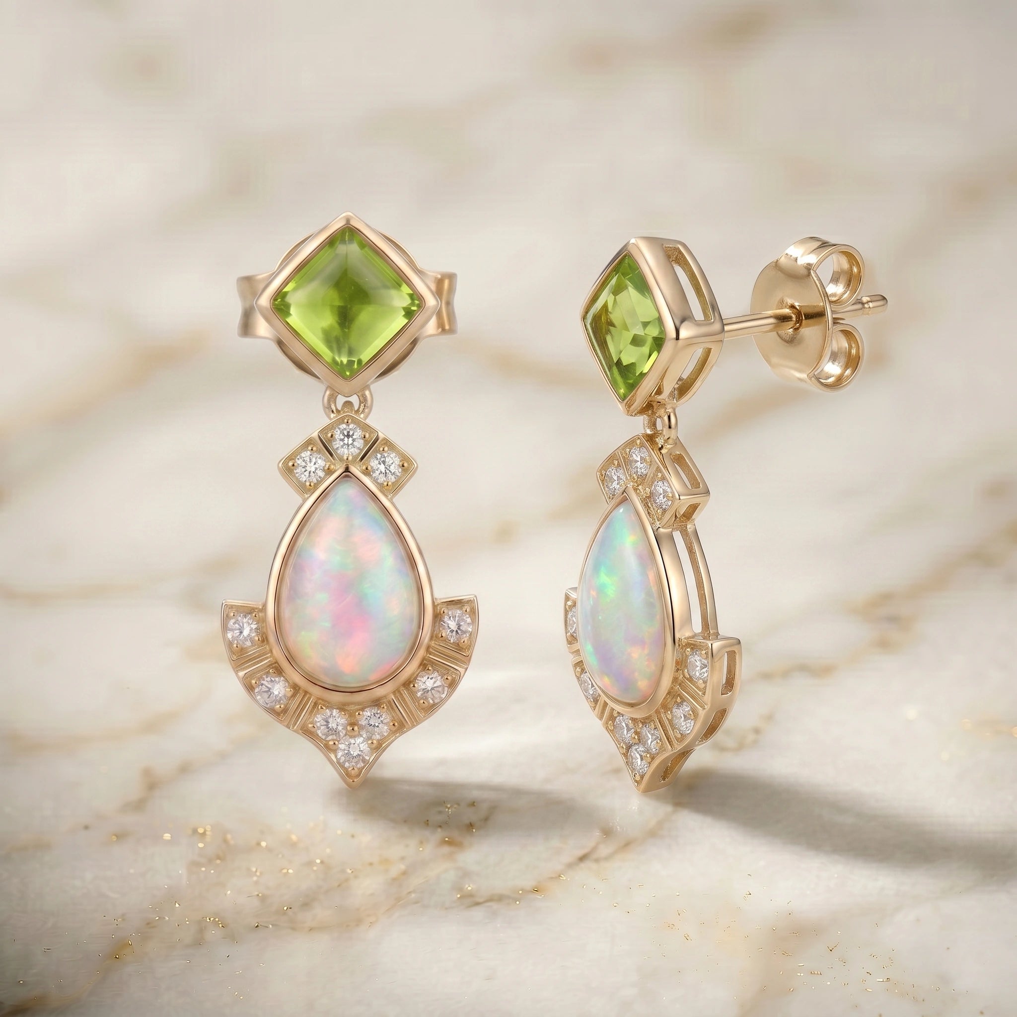 Peridot and Pear Opal Drop Stud Earrings