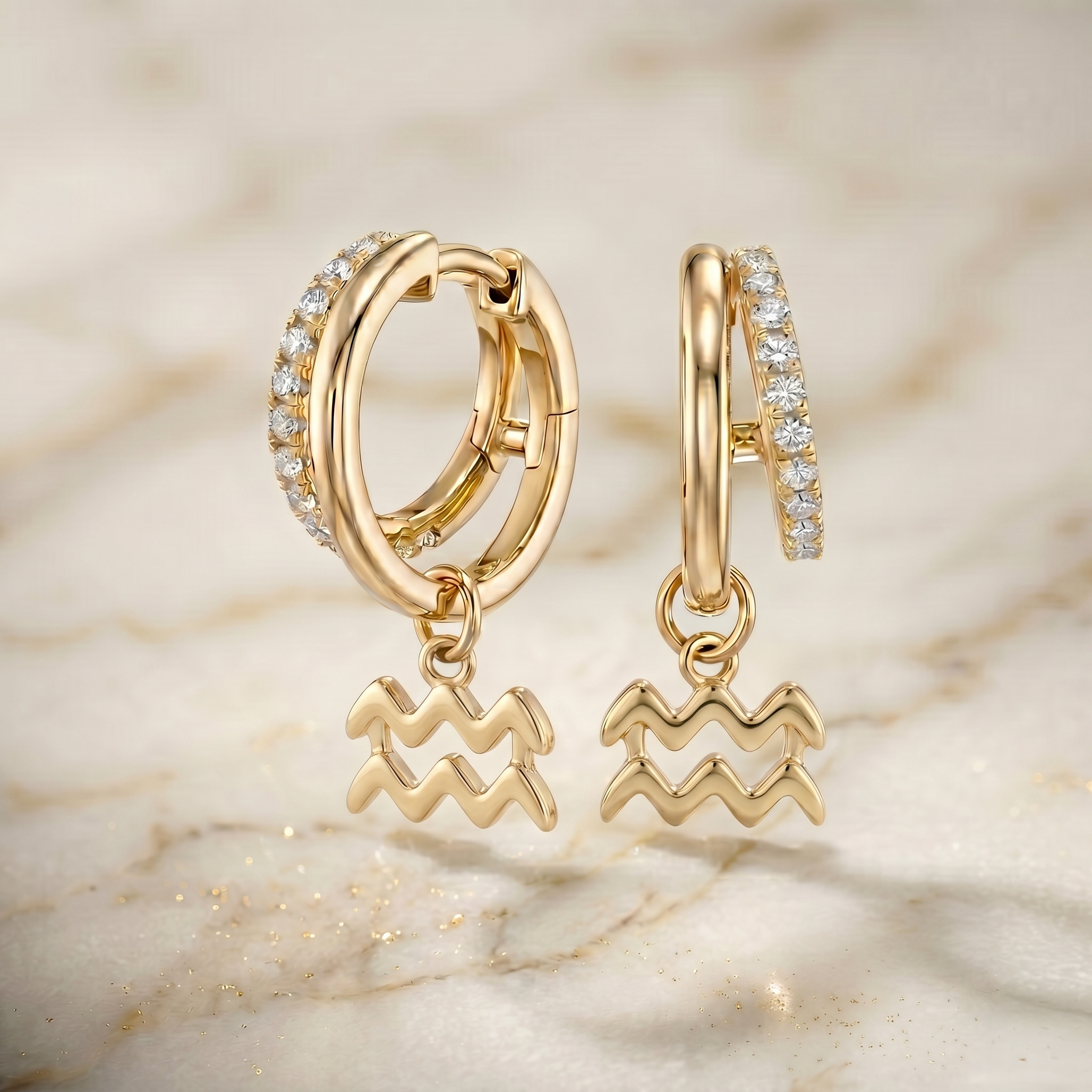Diamond Finish Moissanite Pavé Hoop Earrings with Aquarius Zodiac Drop (Gold-Plated)