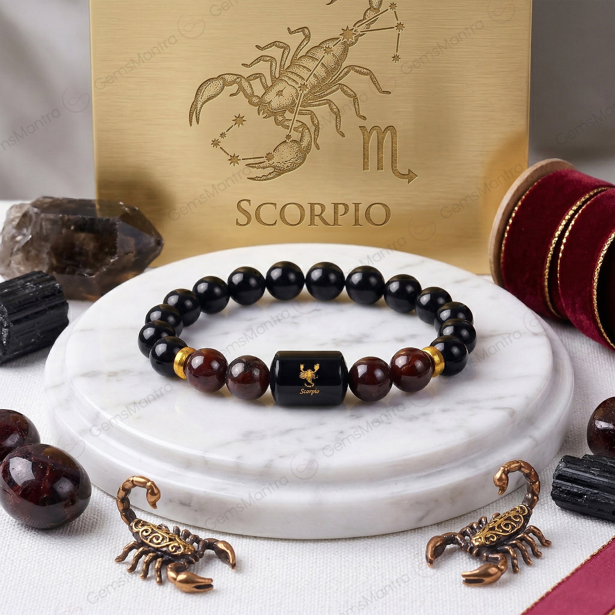 Scorpio Zodiac Vrishchik Rashi Bracelet with Obsidian & Garnet