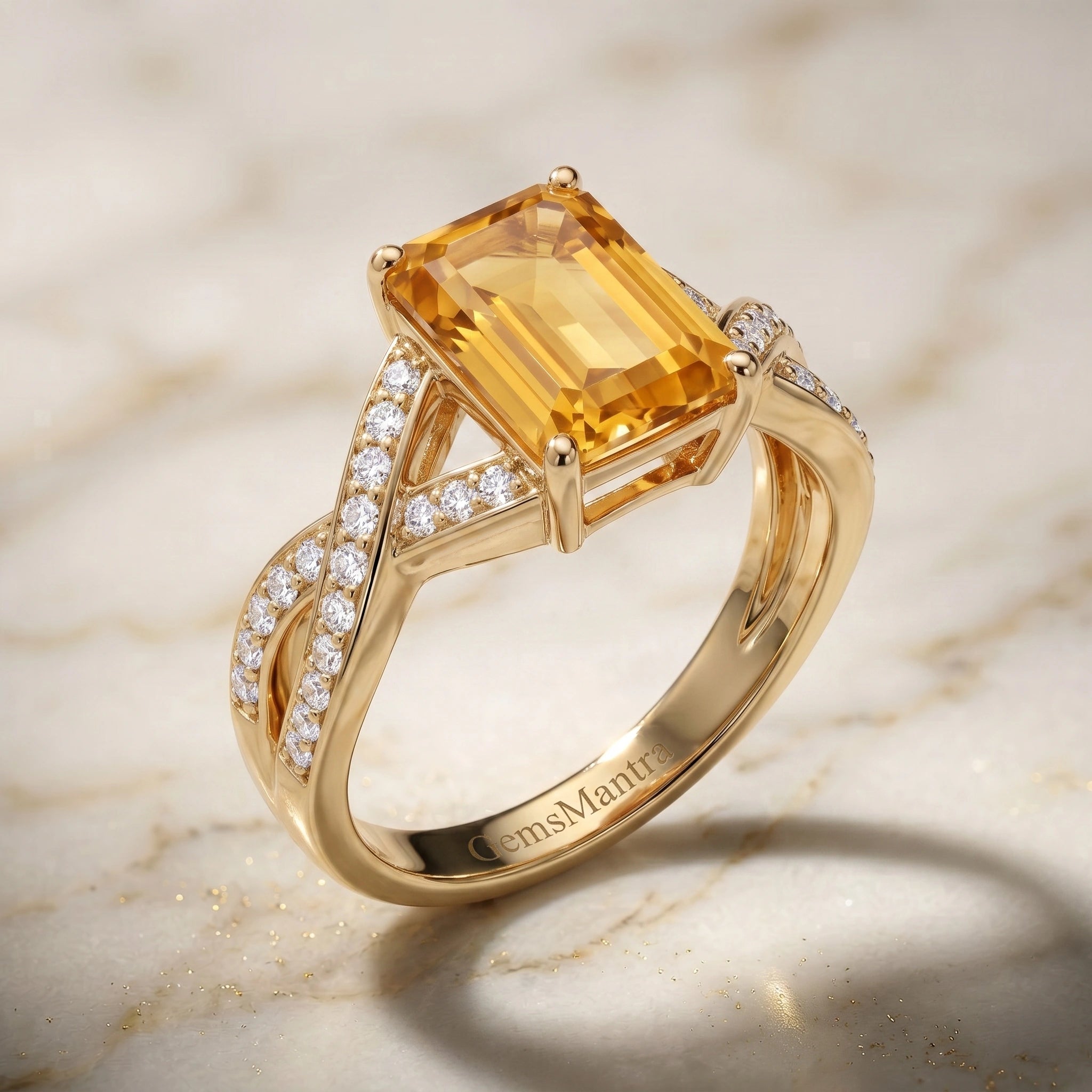 Emerald-Cut Golden Citrine Infinity Crisscross Ring