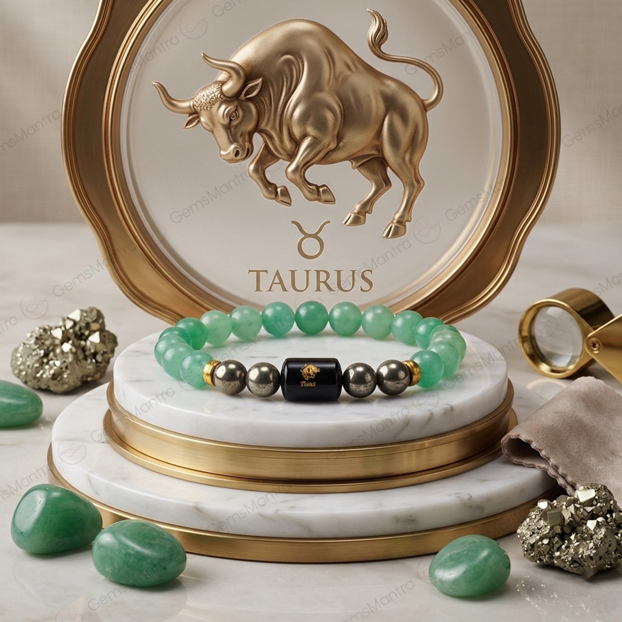 Taurus Zodiac Vrishabh Rashi Bracelet with Green Aventurine and Pyrite
