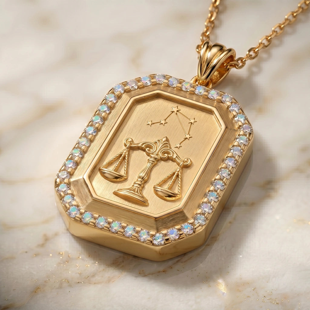 Vintage-Style Libra Zodiac Constellation Diamond Finish Moissanite Halo Pendant in Gold-Plated