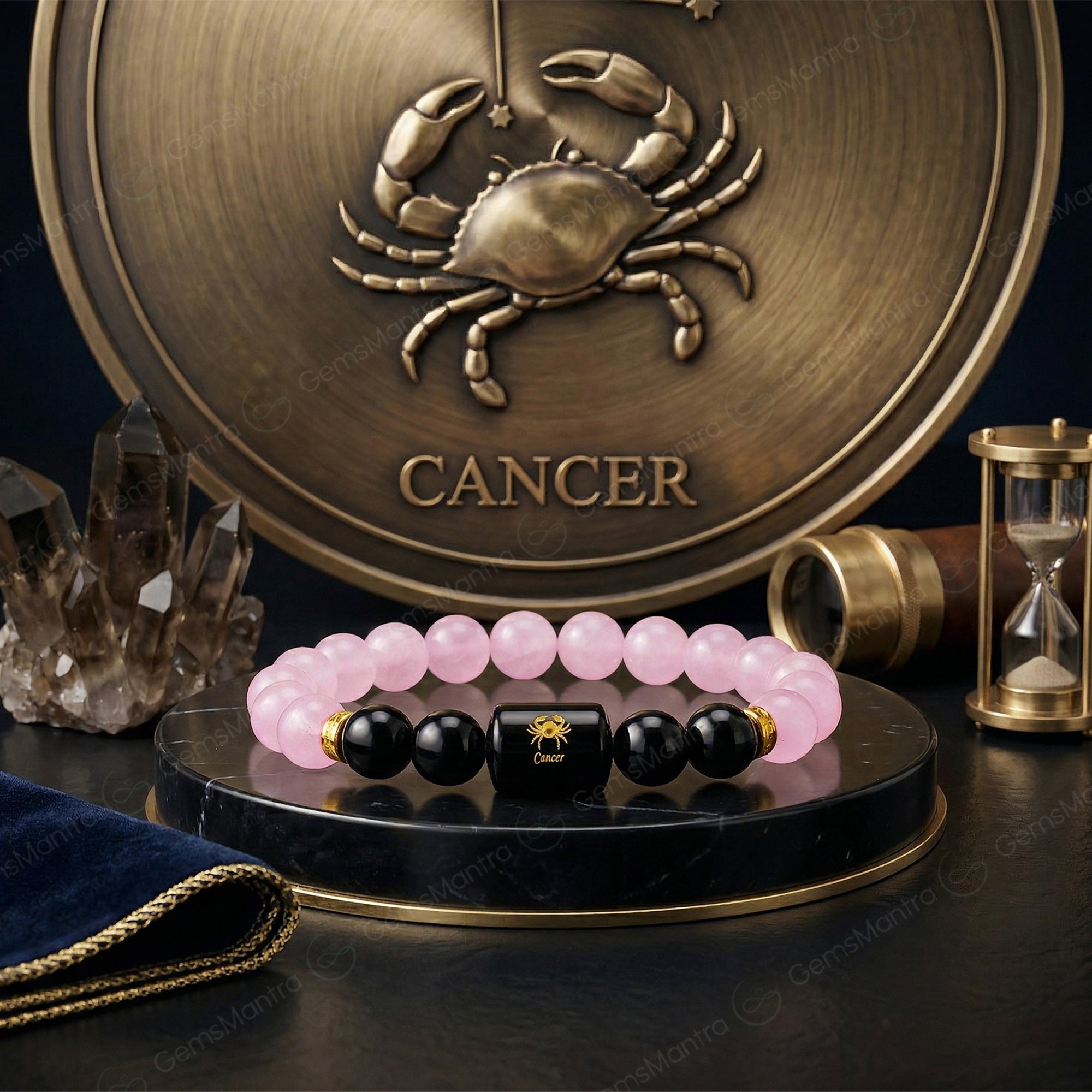 Cancer Zodiac Kark Rashi Bracelet with Rose Quartz & Black Tourmaline
