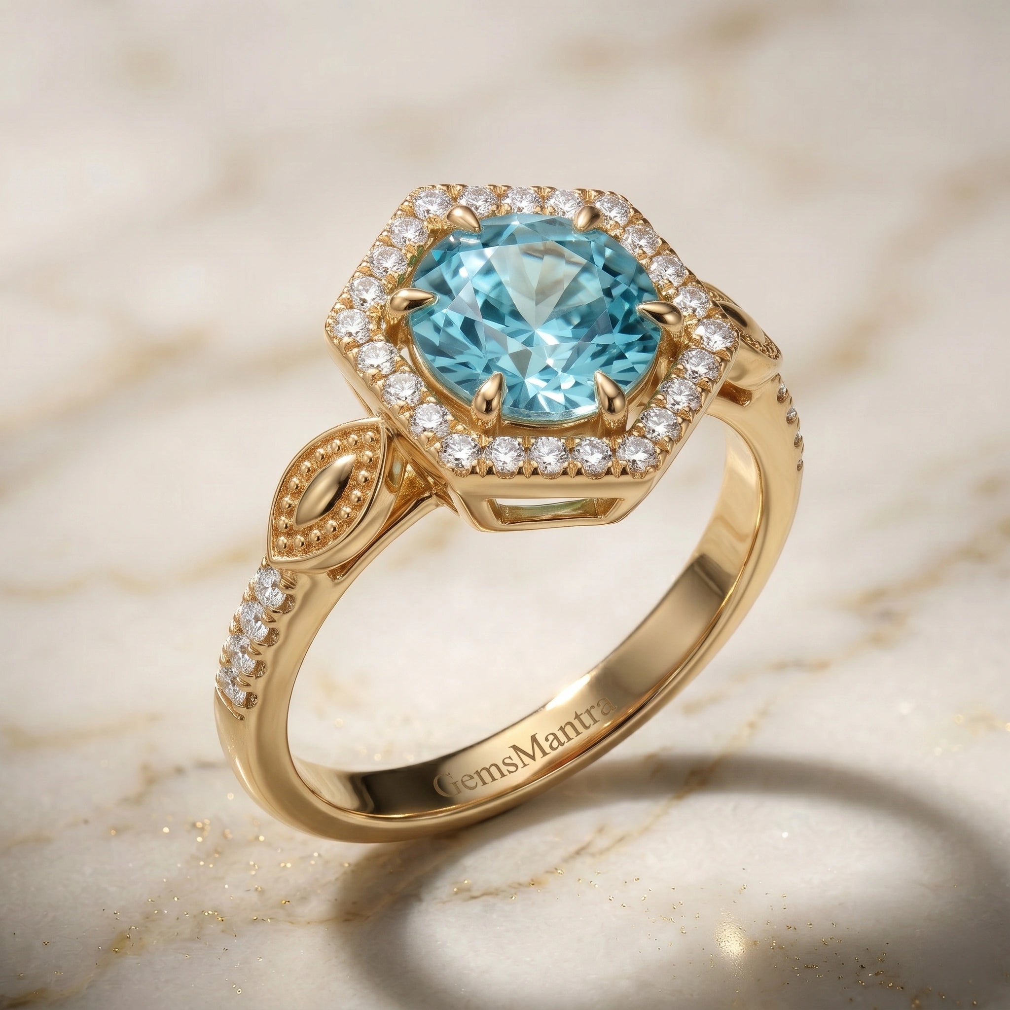 Oval Seafoam Aquamarine Geometric Hexagonal Halo Ring