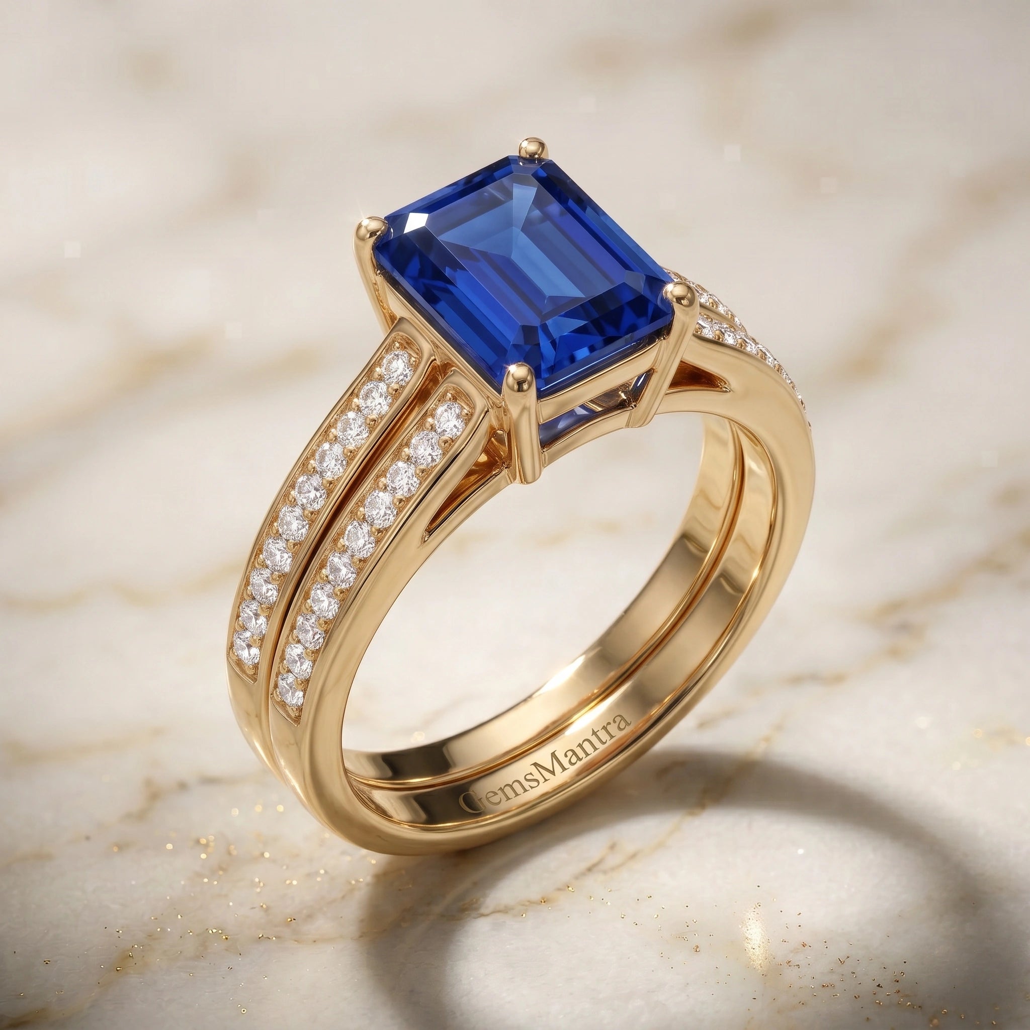 Classic Emerald-Cut Deep Blue Corundum Multiline Ring