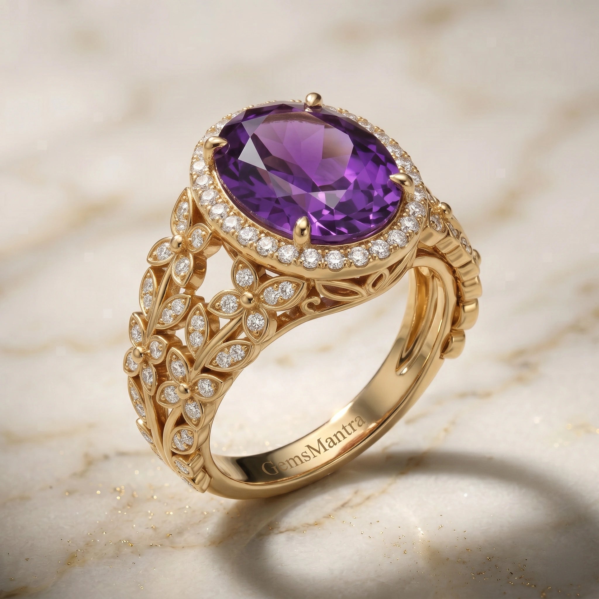 Oval Imperial Amethyst Enchanted Laurel Wide Band Halo Ring