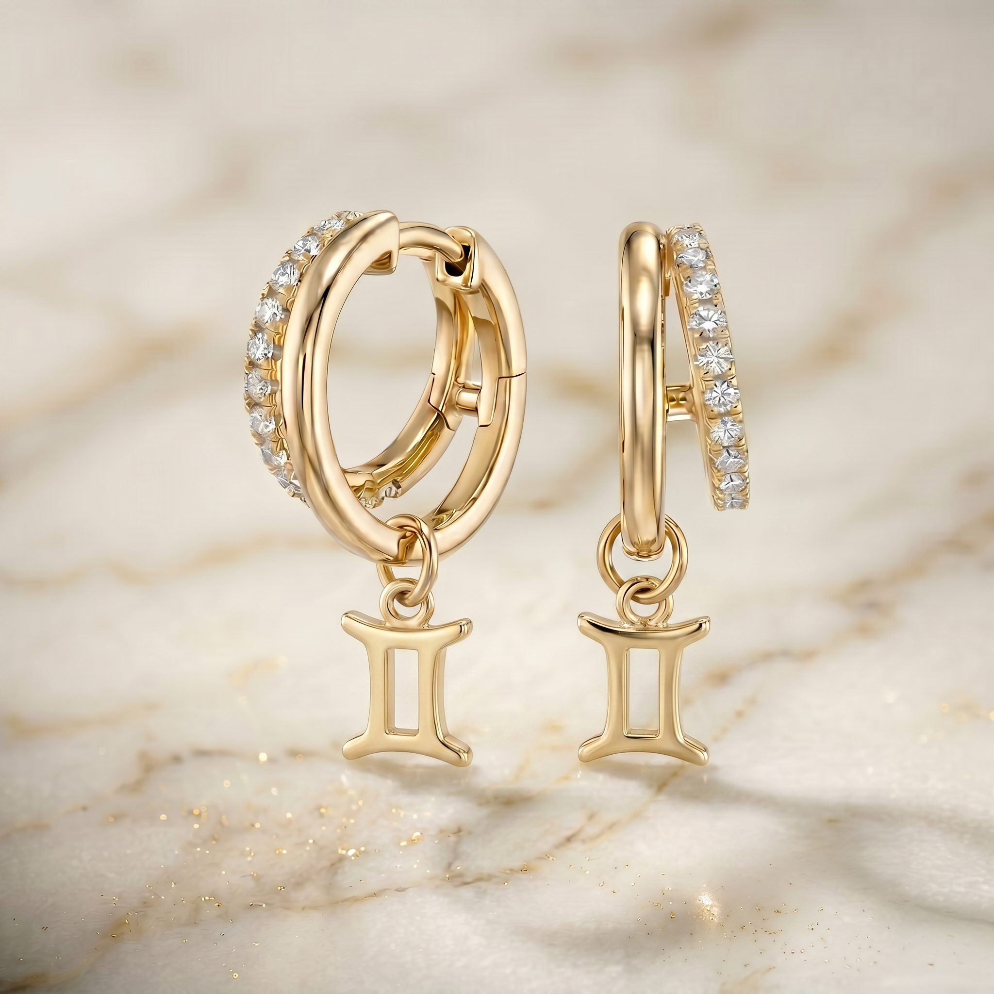Diamond Finish Moissanite Pavé Hoop Earrings with Gemini Zodiac Drop (Gold-Plated)