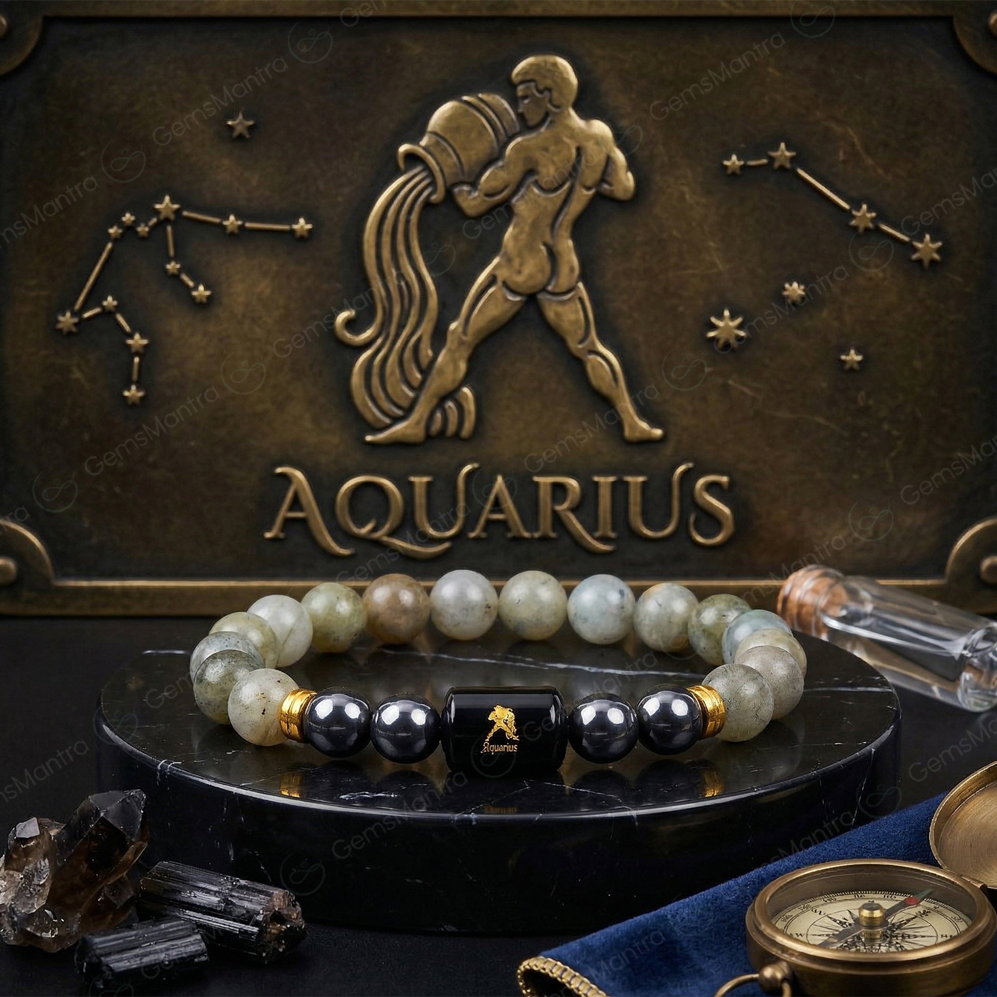 Aquarius Zodiac Kumbh Rashi Bracelet with Labradorite & Hematite