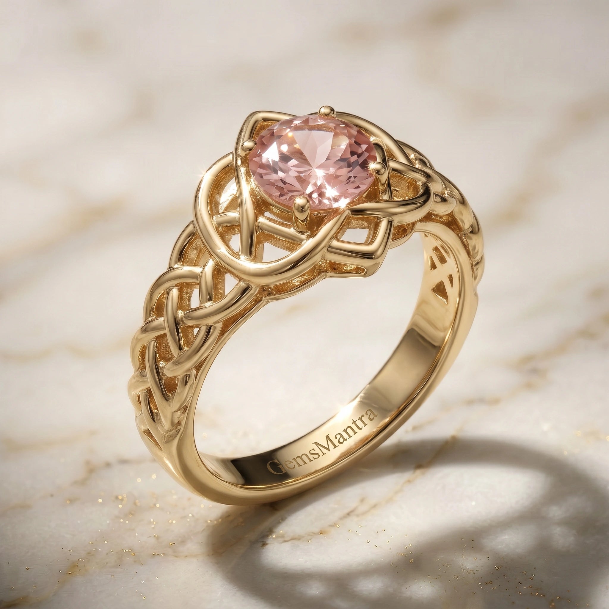 Round Peach Morganite Celtic Knot Openwork Tiara Ring