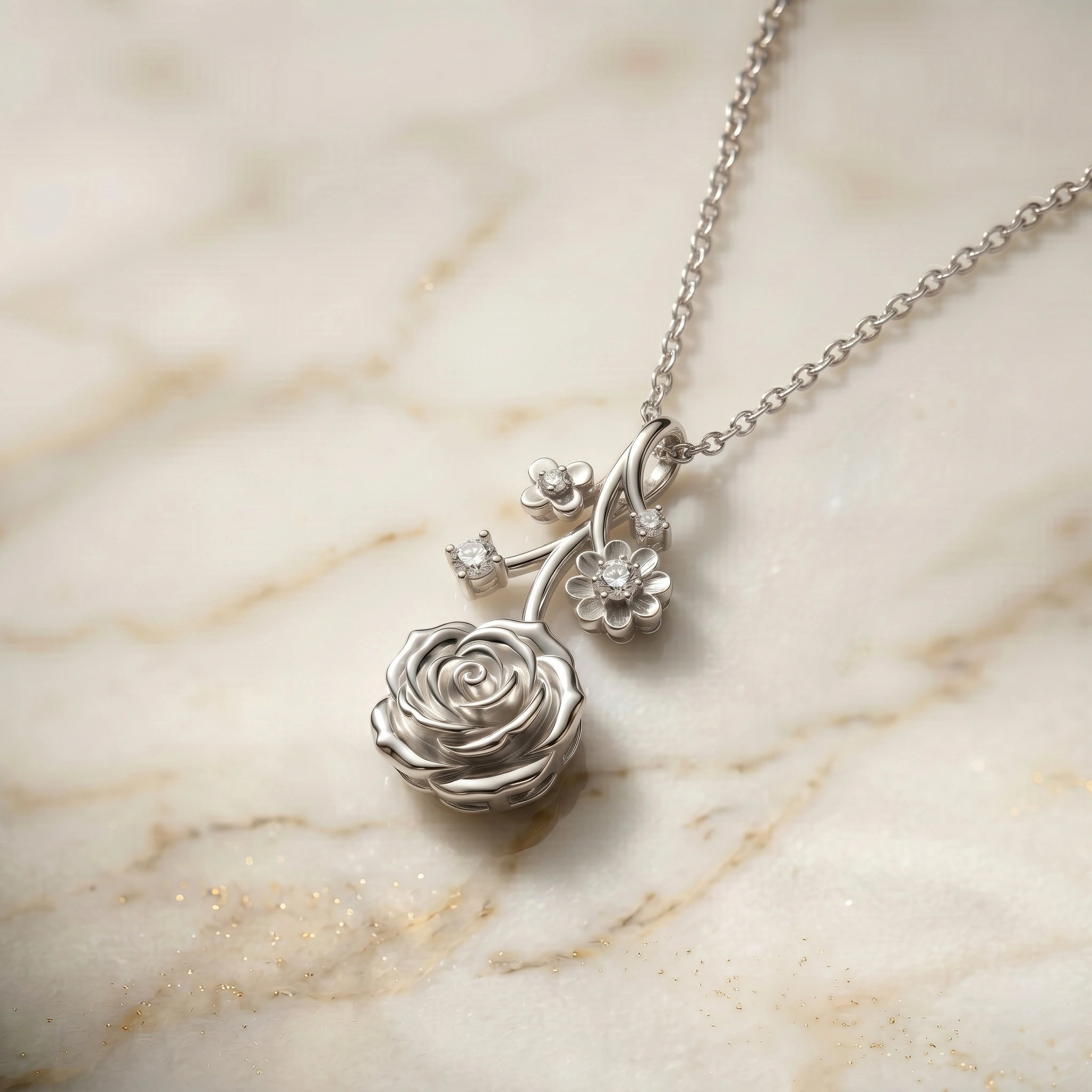 Sculpted Rose Floral Pendant with Diamond Finish Moissanite Accents in 925 Silver