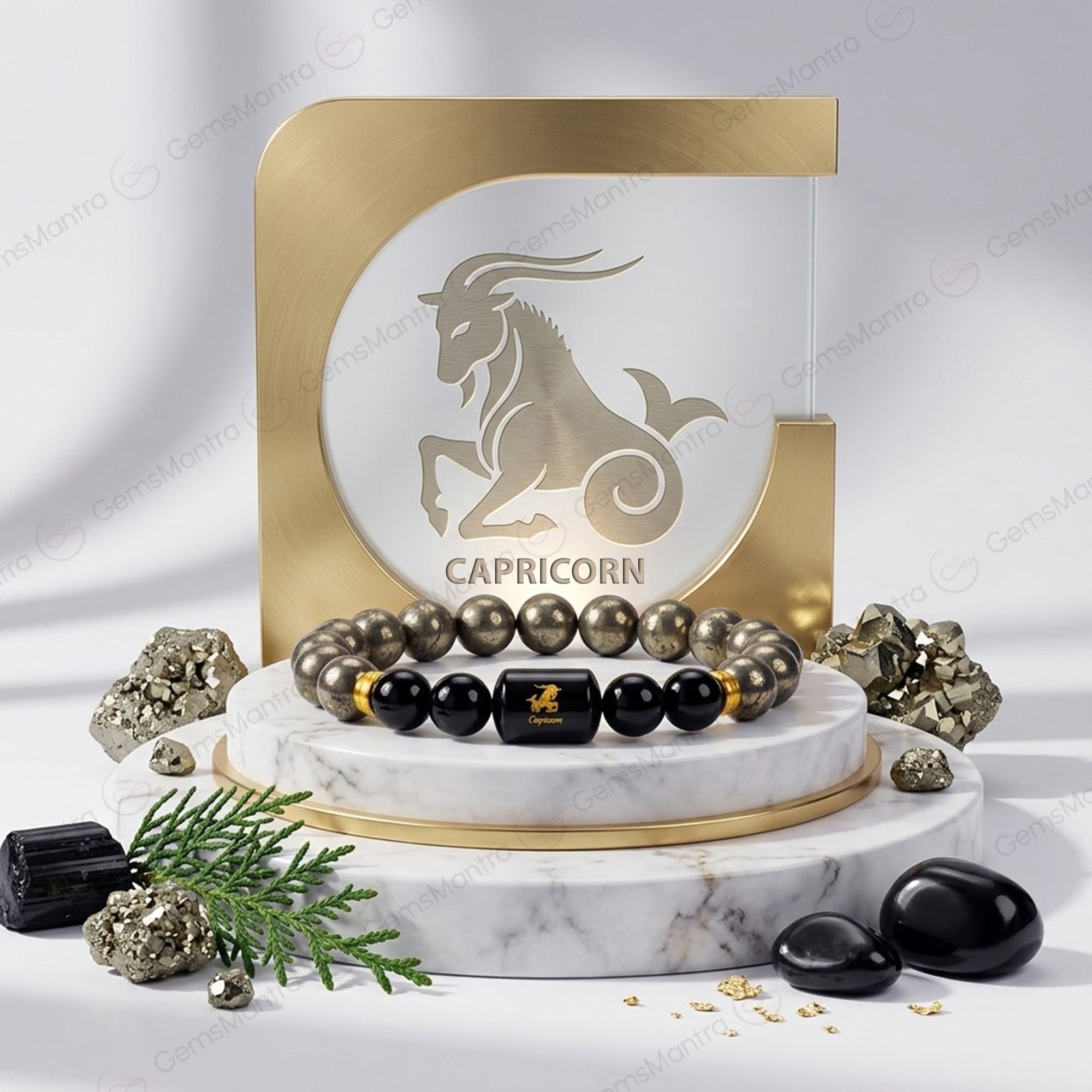 Capricorn Zodiac Makar Rashi Bracelet with Pyrite & Black Onyx