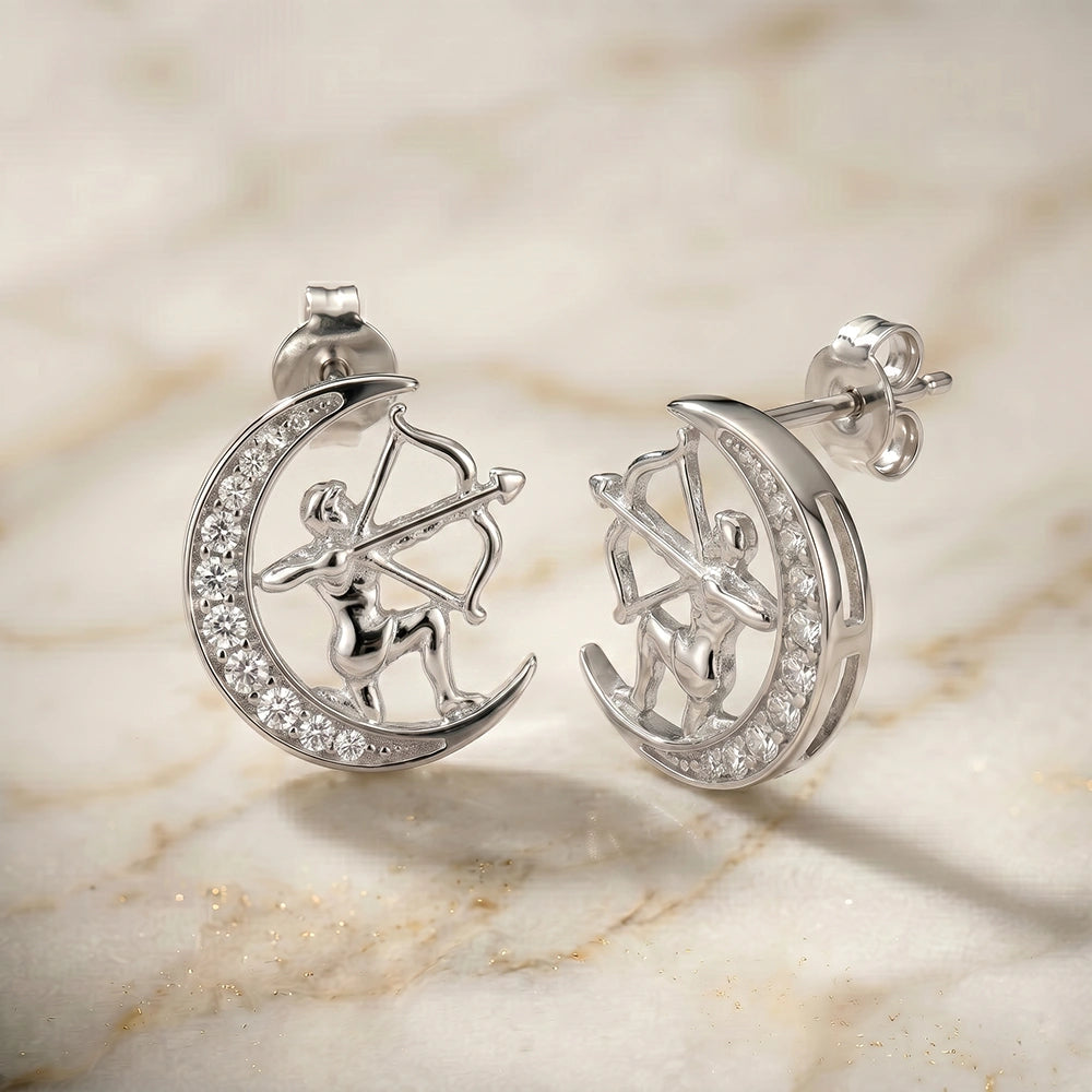 Celestial Crescent Moon and Sagittarius Zodiac Diamond Finish Moissanite Stud Earrings in 925 Silver