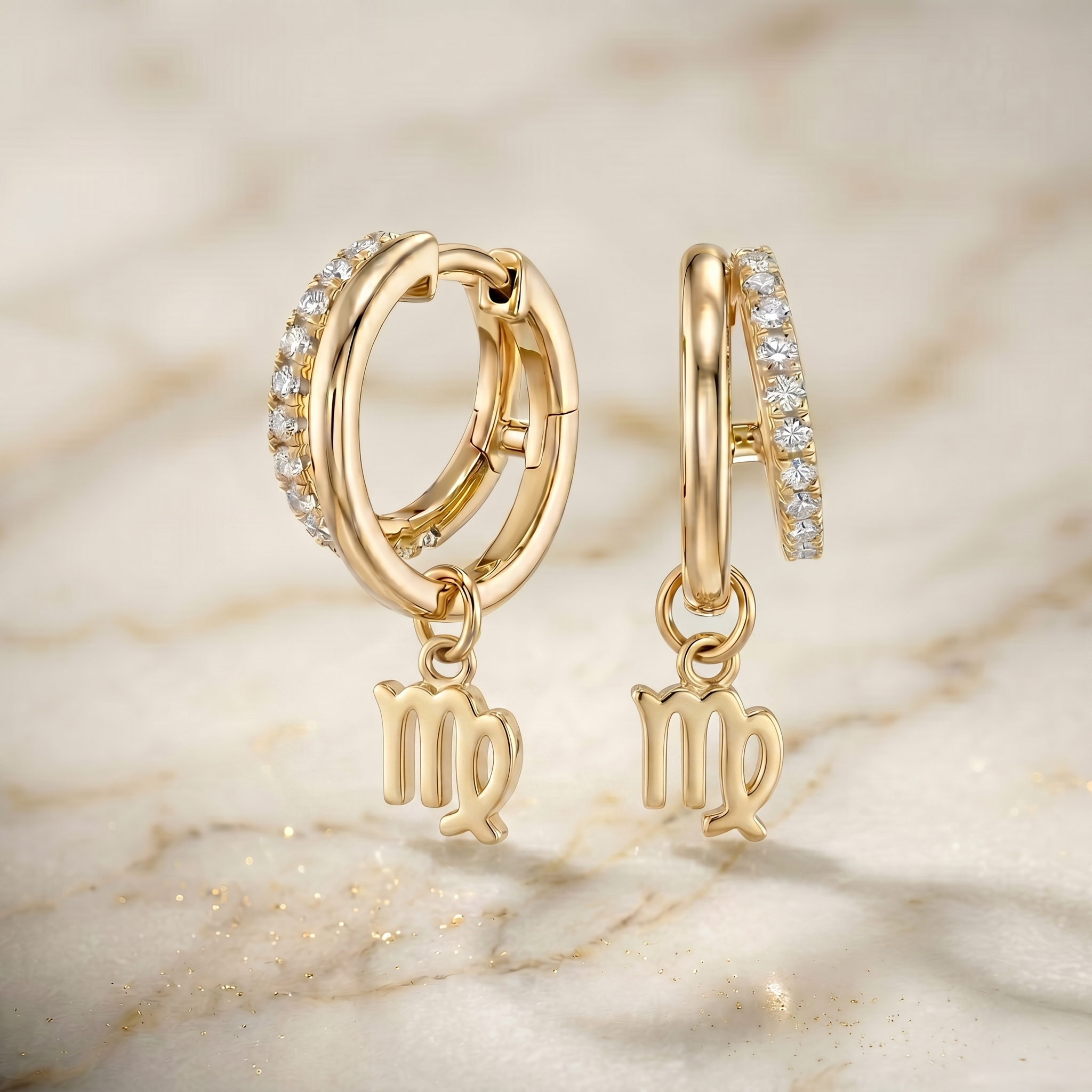 Diamond Finish Moissanite Pavé Hoop Earrings with Virgo Zodiac Drop (Gold-Plated)