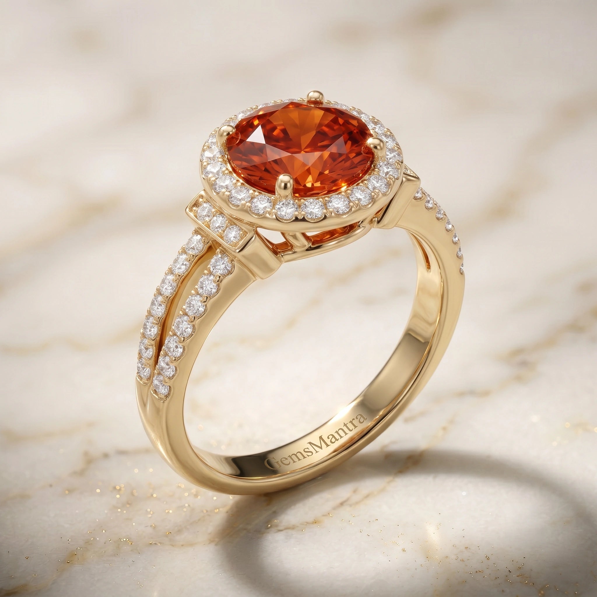 Oval Fiery Spessartite Garnet Split Shank Halo Ring