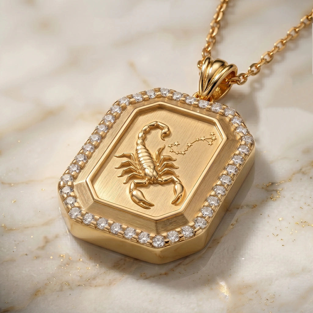 Vintage-Style Scorpio Zodiac Constellation Diamond Finish Moissanite Halo Pendant in Gold-Plated