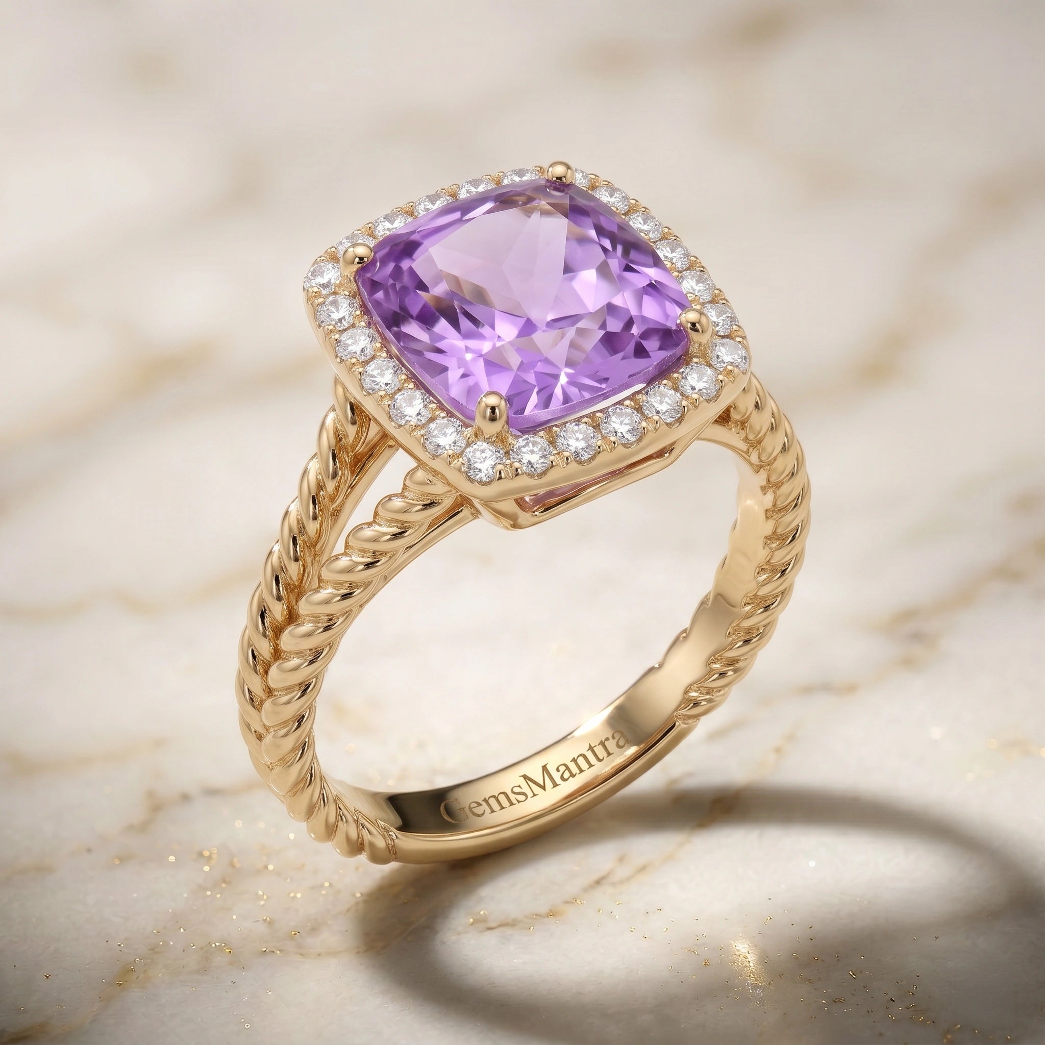 Cushion Imperial Amethyst Twisted Rope Halo Ring