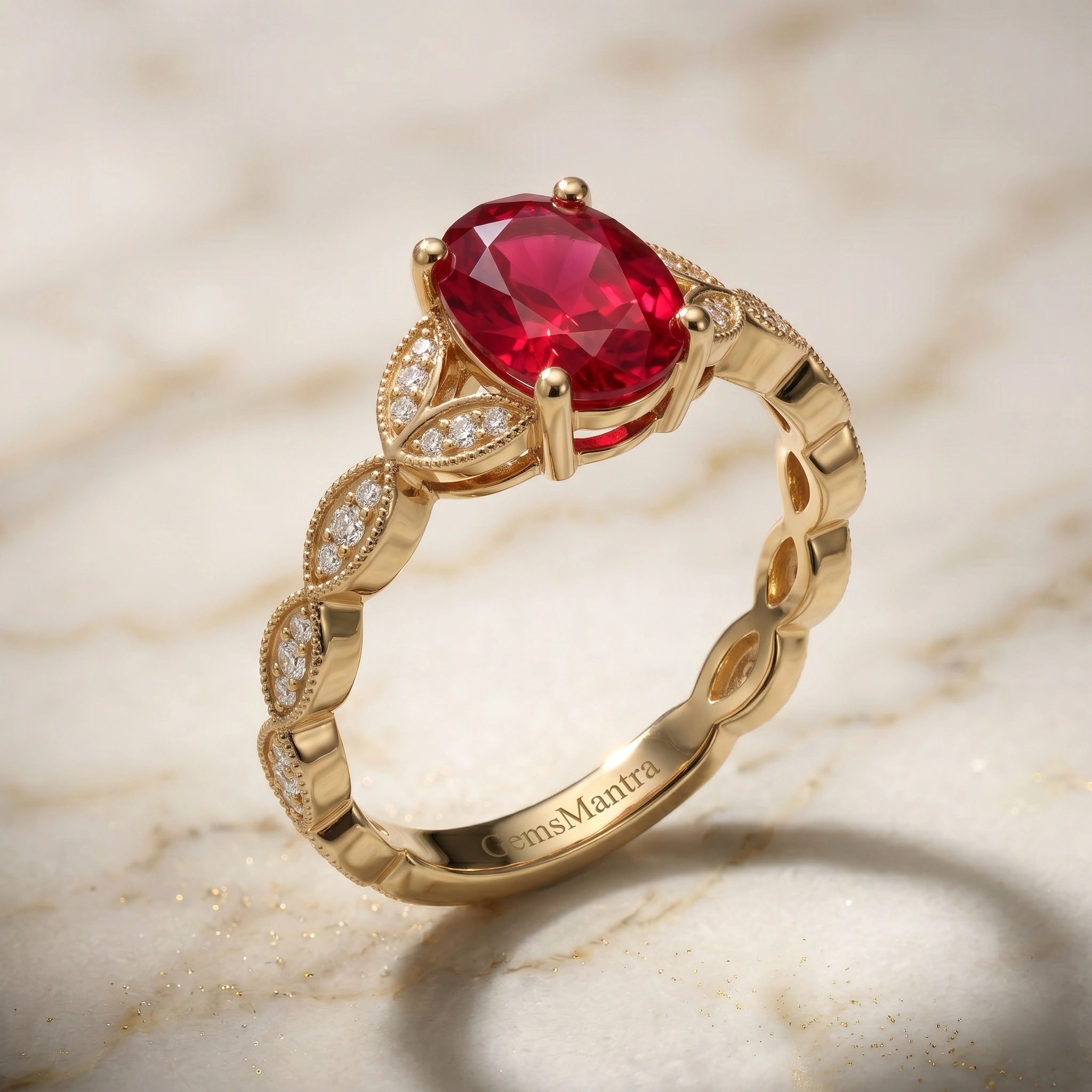 Oval Crimson Ruby Botanical Marquise Leaf Accent Ring
