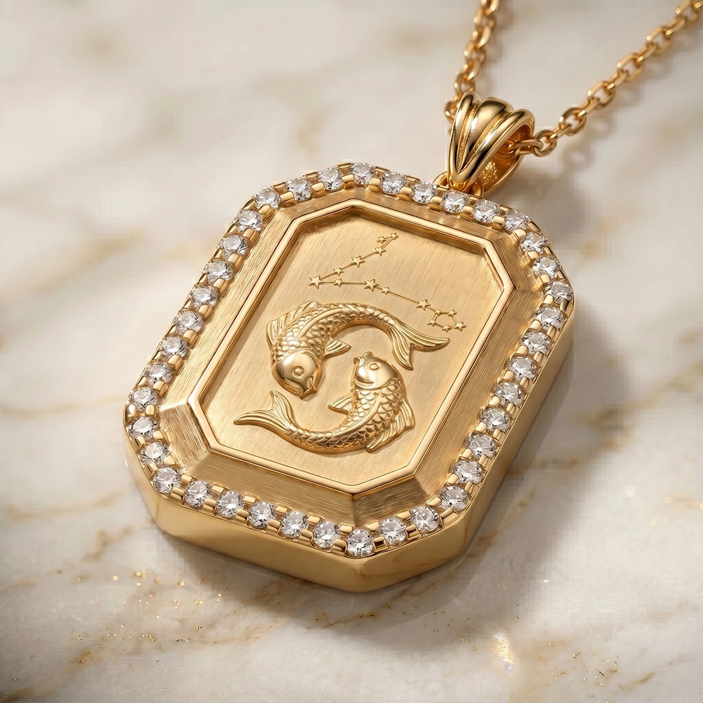 Vintage-Style Pisces Zodiac Constellation Diamond Finish Moissanite Halo Pendant in Gold-Plated