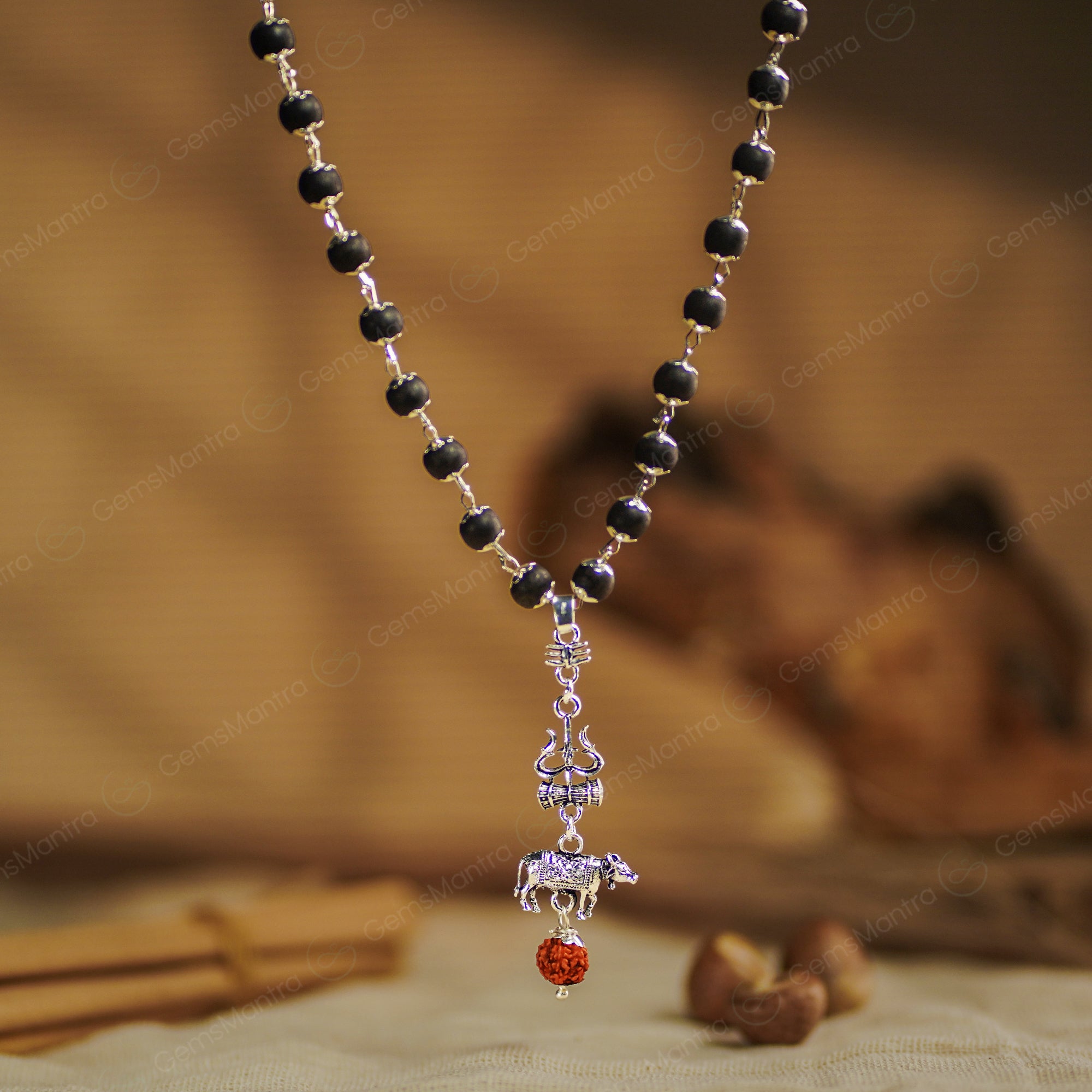 Shiv Nandi Protection Mala (Karungali) With Sterling Silver