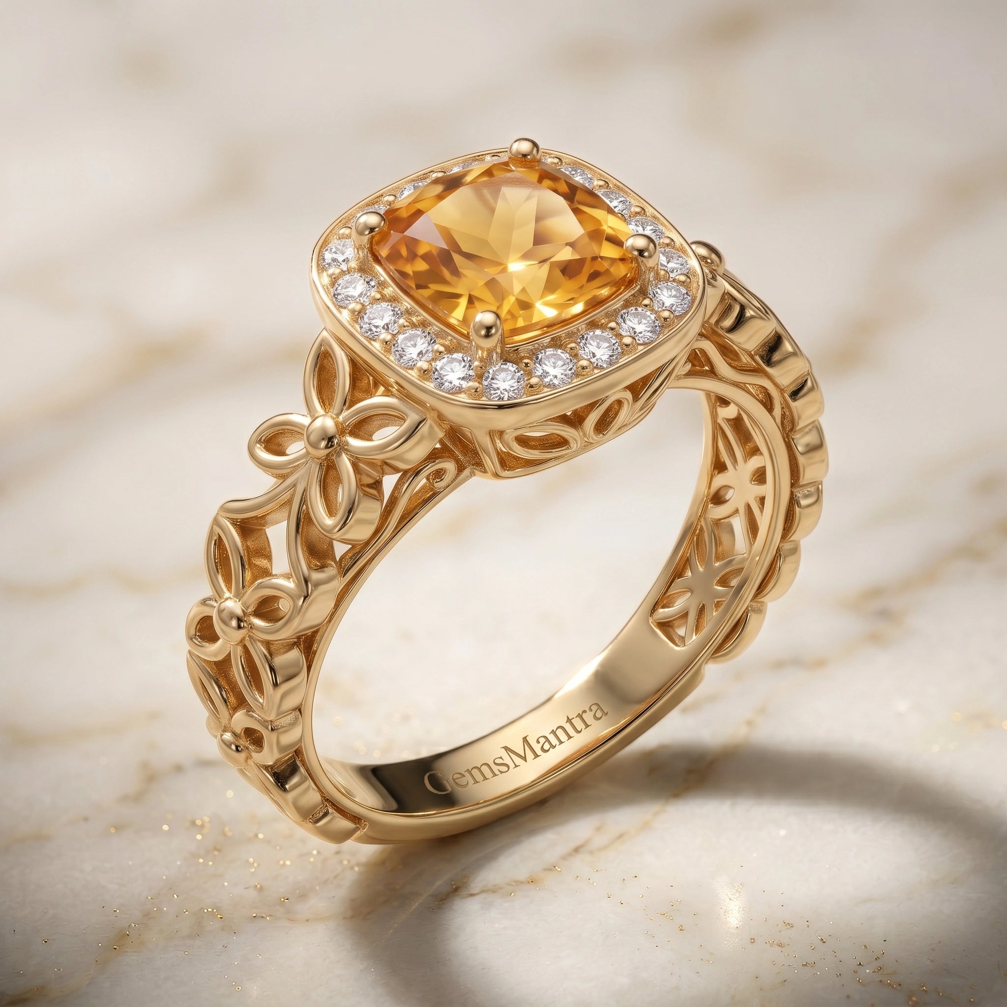 Vintage Cushion-Cut Honey Citrine Halo Filigree Ring