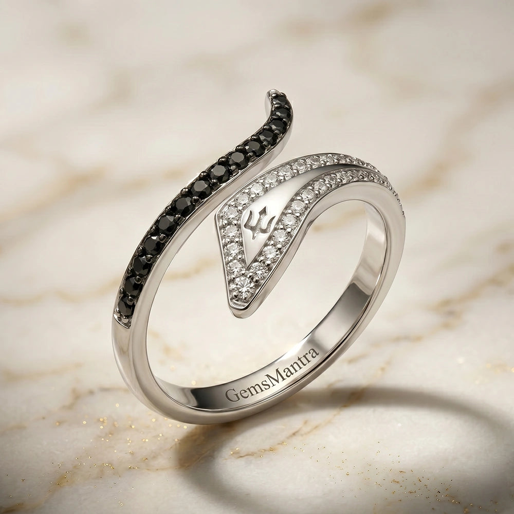Trident and Serpent Motif Crystal White Diamond Finish Moissanite Bypass Ring in 925 Silver