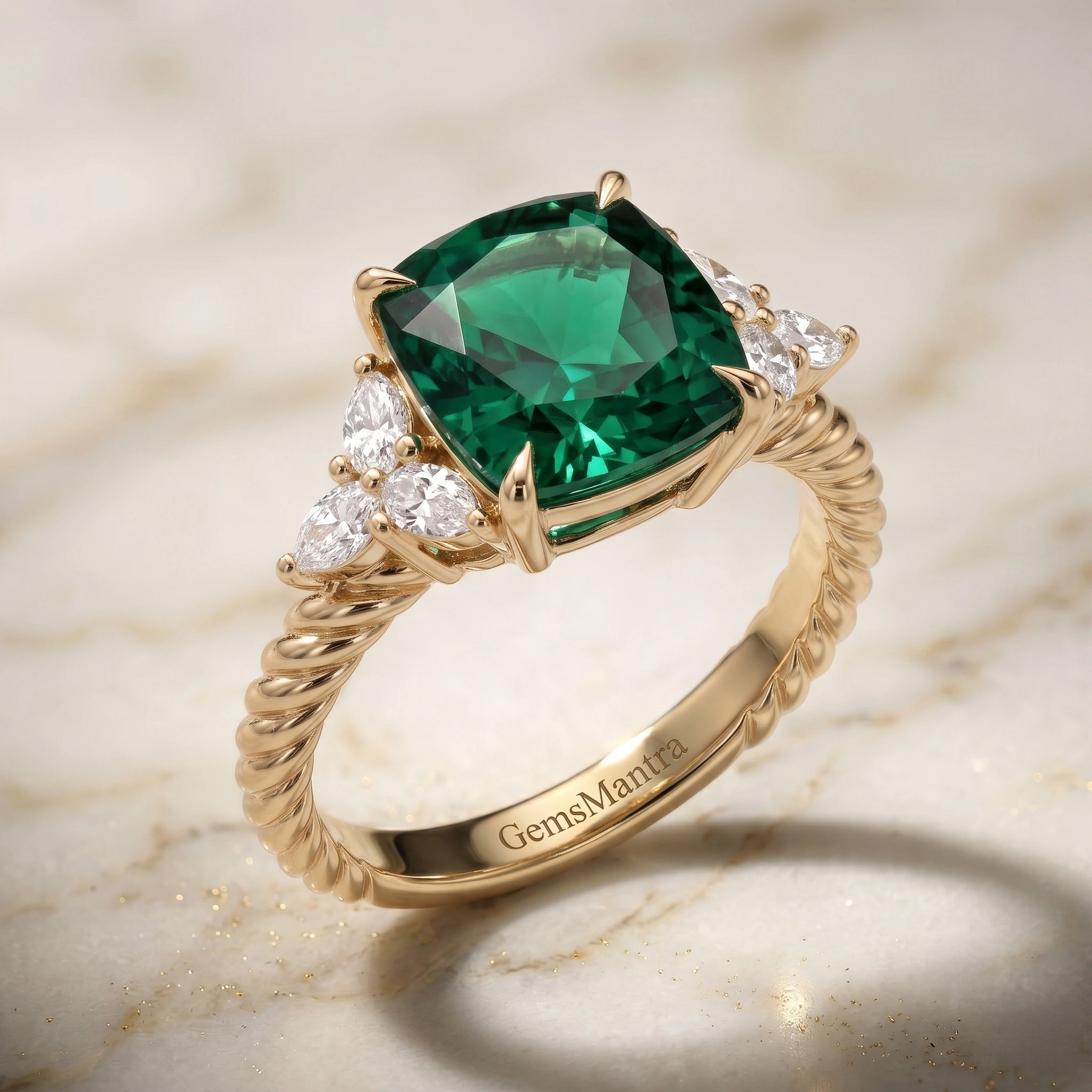 Cushion-Cut Forest Green Crystal Twisted Rope Ring