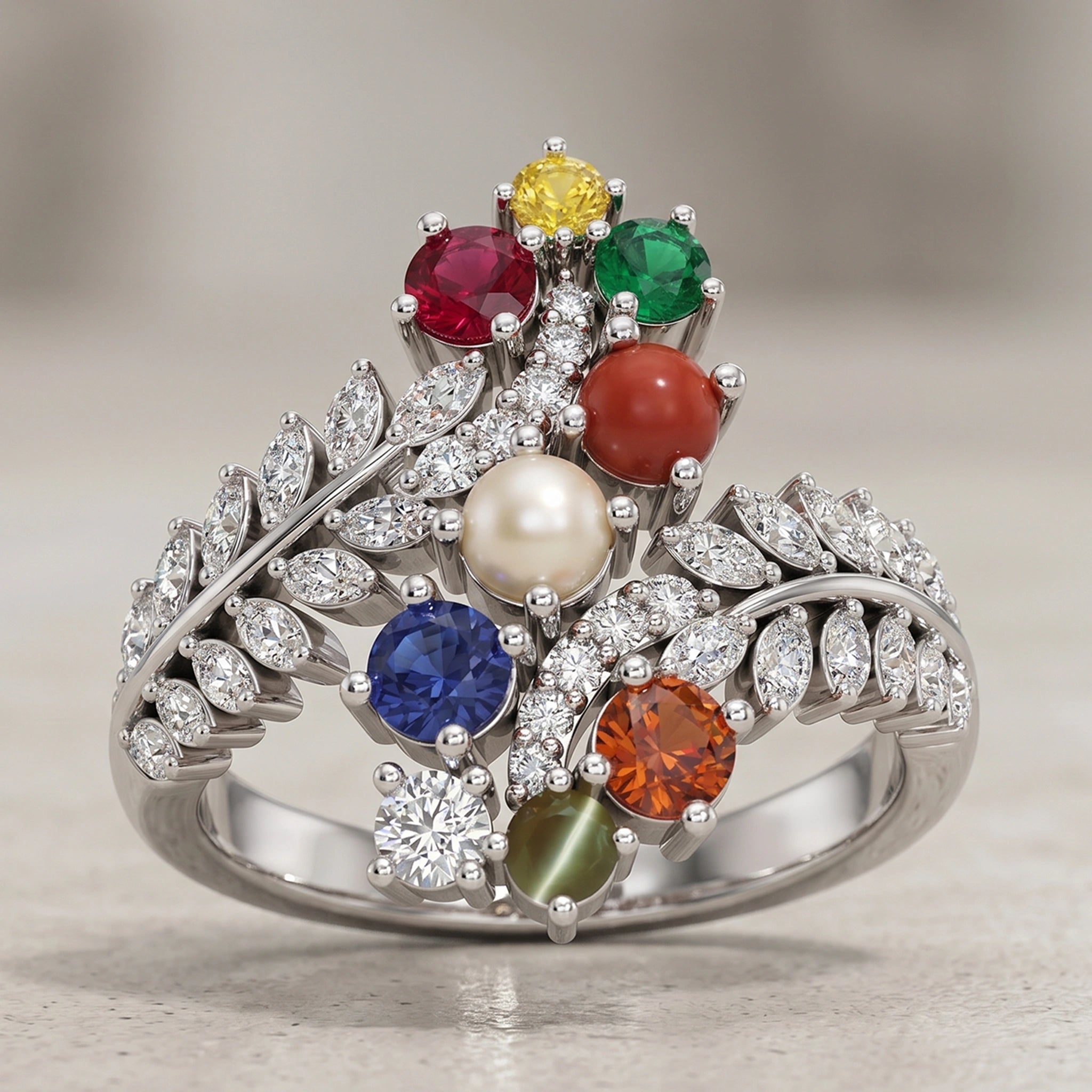 Multicolor Floral Cluster Silver Ring
