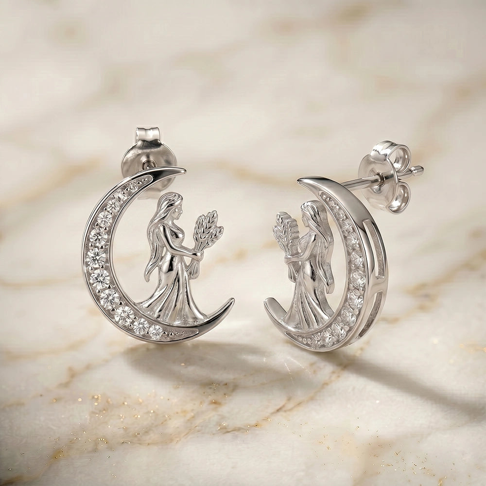 Celestial Crescent Moon and Virgo Zodiac Diamond Finish Moissanite Stud Earrings in 925 Silver