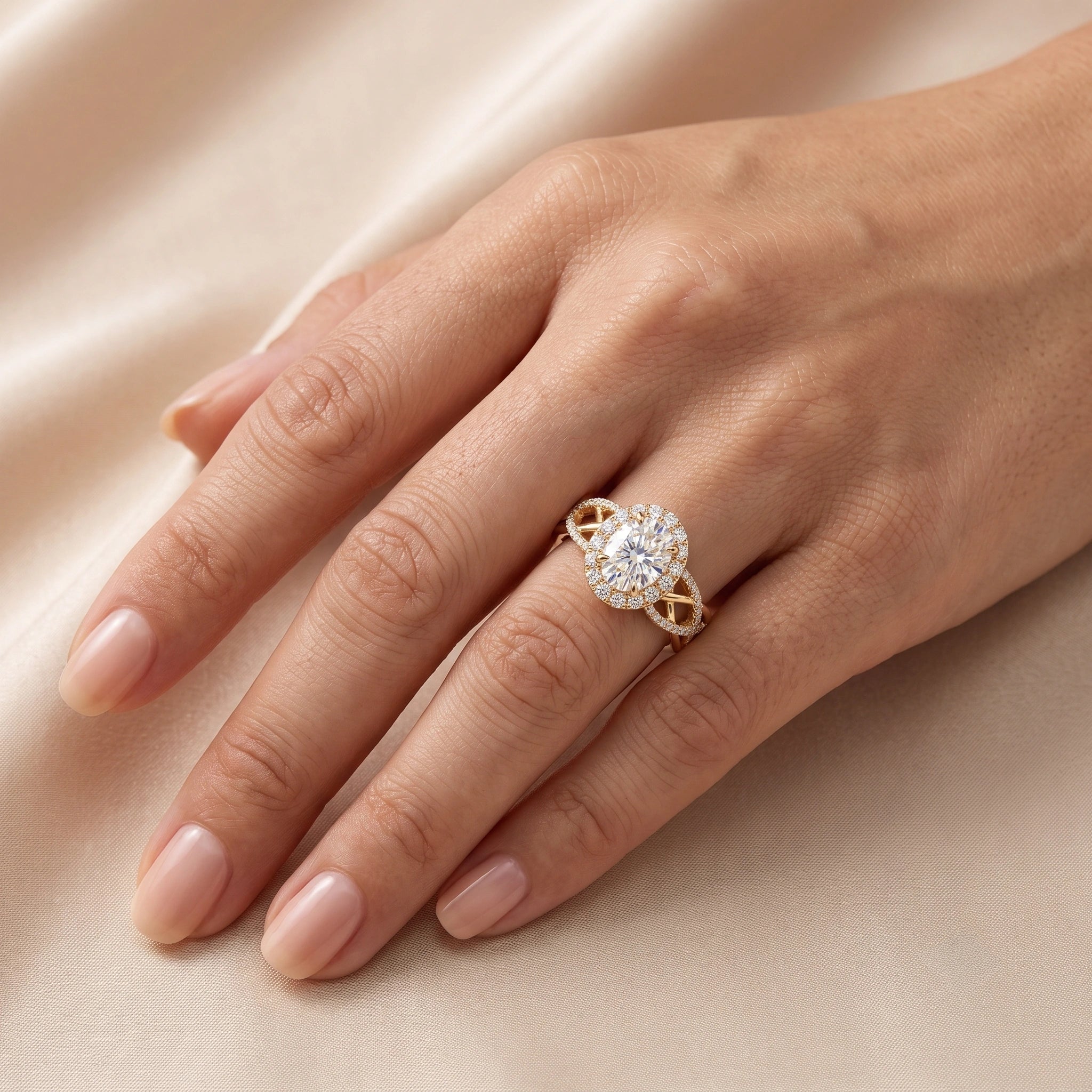 Oval Cut Brilliant Moissanite Filigree Halo Ring
