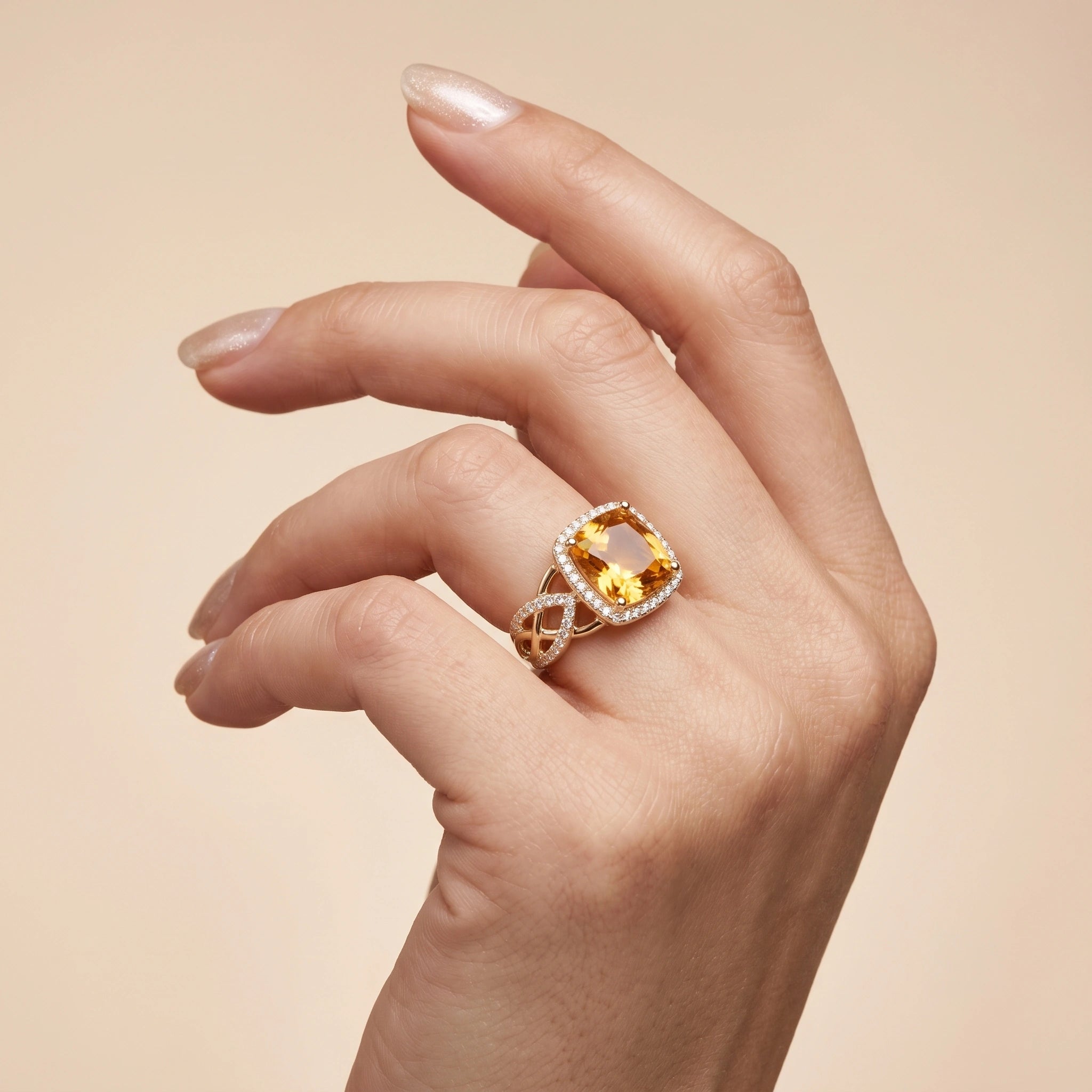 Cushion Honey Citrine Intertwined Celtic Infinity Halo Ring