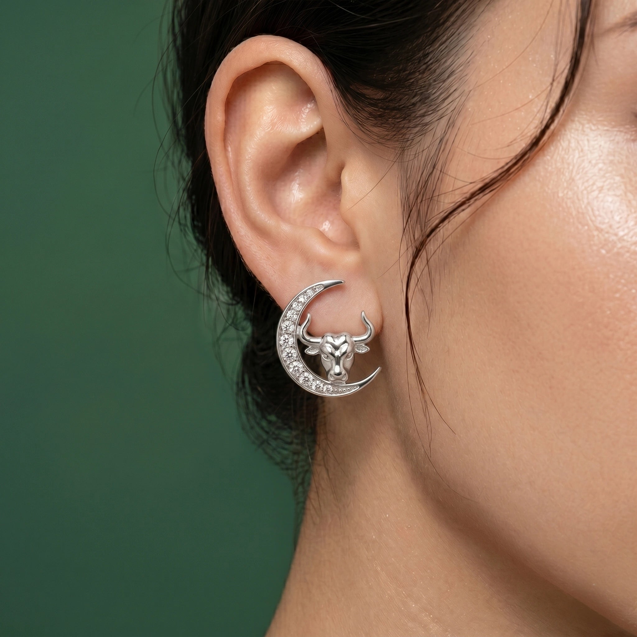 Celestial Crescent Moon and Taurus Zodiac Diamond Finish Moissanite Stud Earrings in 925 Silver