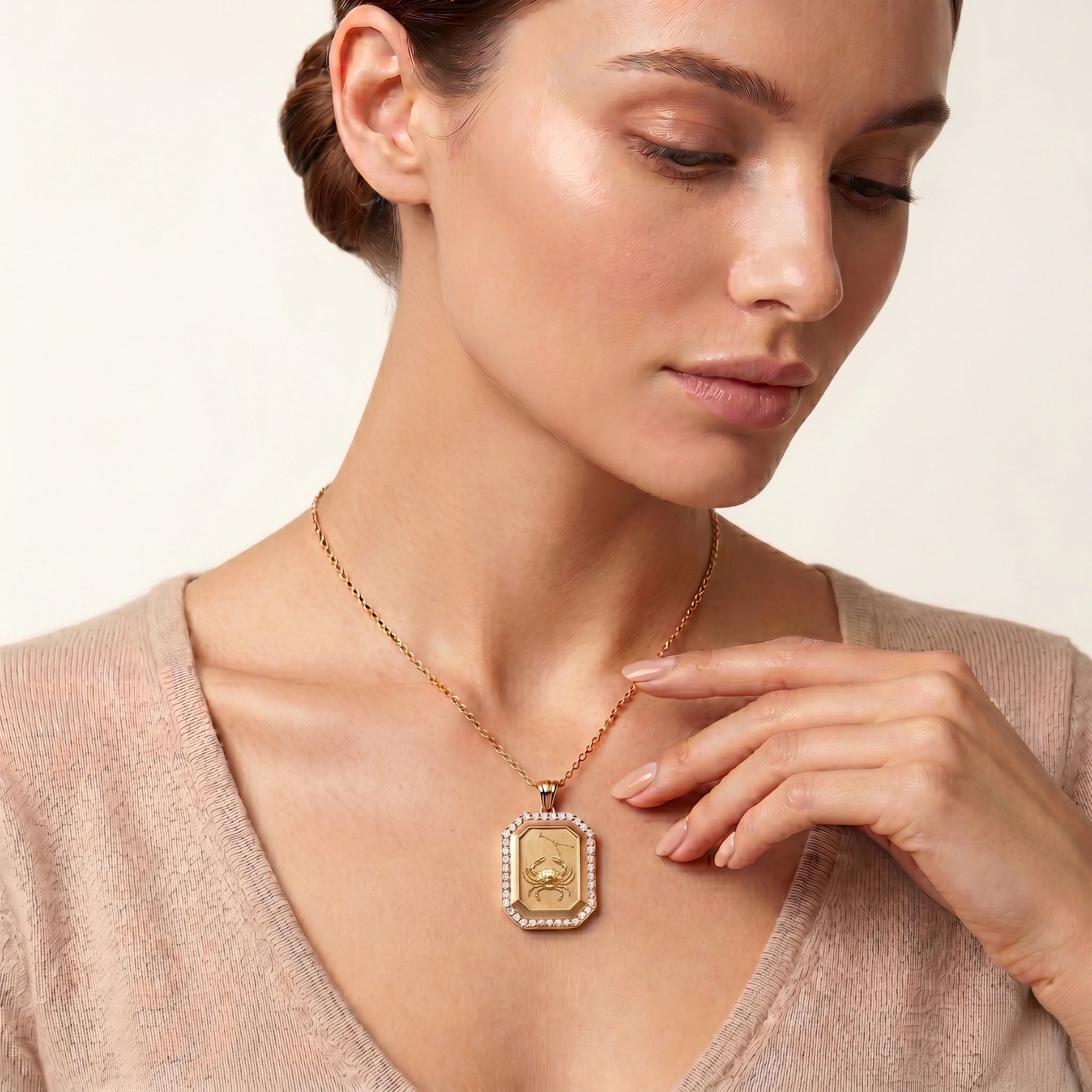 Vintage-Style Cancer Zodiac Constellation Diamond Finish Moissanite Halo Pendant in Gold-Plated