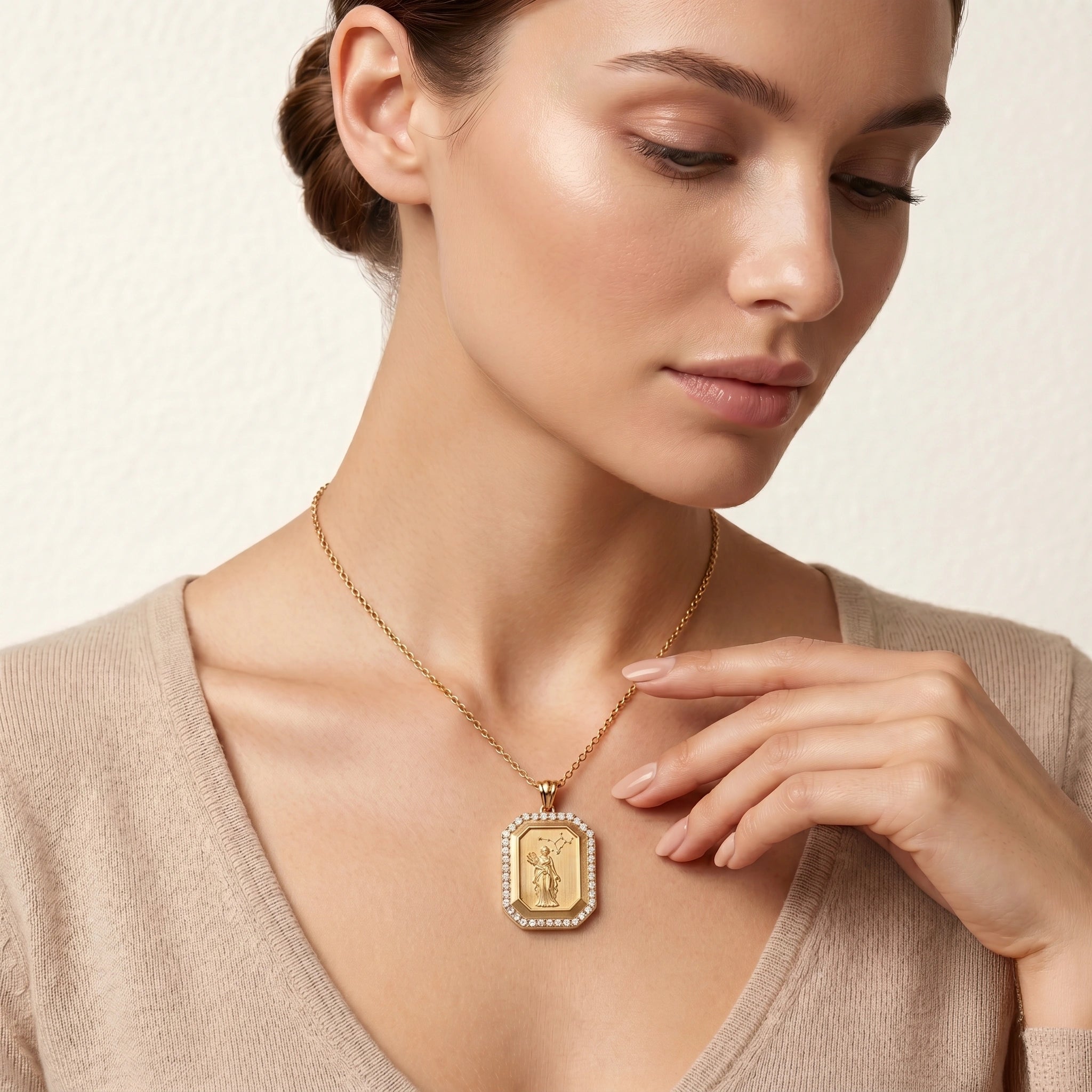 Vintage-Style Virgo Zodiac Constellation Diamond Finish Moissanite Halo Pendant in Gold-Plated